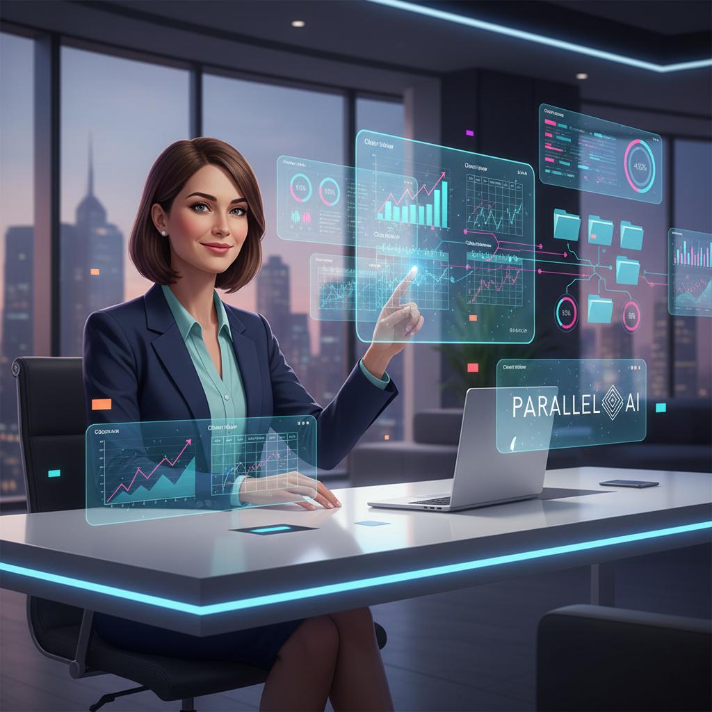 A clean, modern illustration showing a confident female financial advisor working at a sleek desk with holographic AI interfaces floating around her. The scene depicts futuristic technology seamlessly integrated into a professional office environment - transparent data visualizations, automated workflow diagrams, and client portfolio analytics hover in the air. The advisor is engaged with the technology but maintains a human touch, with a warm smile suggesting personalized service. The color palette should emphasize professional blues and teals with accents of vibrant technology colors. Soft, diffused lighting creates a premium, sophisticated atmosphere. The composition should show the advisor in the left third of the frame with the AI elements flowing toward the right, suggesting growth and expansion. Include subtle visual metaphors for scaling - perhaps duplicating calendar appointments or multiplying client folders - to represent business growth without adding staff. The style should be polished and corporate but approachable, with a slight futuristic edge that suggests innovation without being too abstract. Shot from a slight angle to add dynamism, with shallow depth of field keeping focus on the advisor while the AI elements provide context.