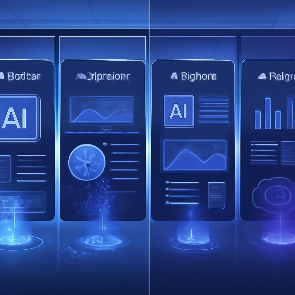 Split-screen comparison visualization showing multiple AI platform interfaces side by side, with digital data streams and holographic elements connecting them, professional business setting with modern clean aesthetic, blue and purple technology color scheme, high-detail digital illustration, futuristic but approachable style, representing platform comparison and evaluation