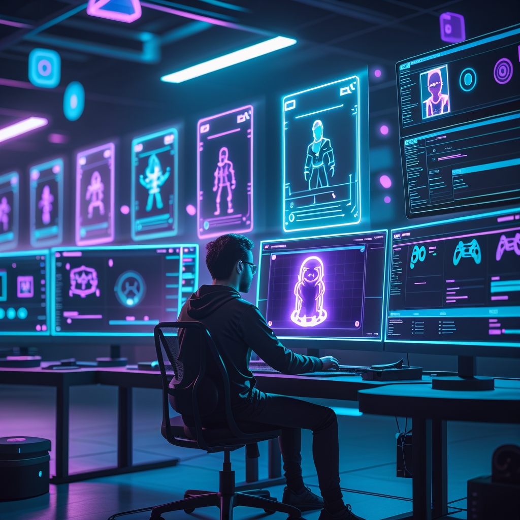 A futuristic game development studio with a solo developer working at multiple holographic screens showing AI-generated game concepts, character designs, and code, surrounded by floating digital assets and game analytics dashboards, cyberpunk aesthetic with neon blues and purples, highly detailed, professional photography style