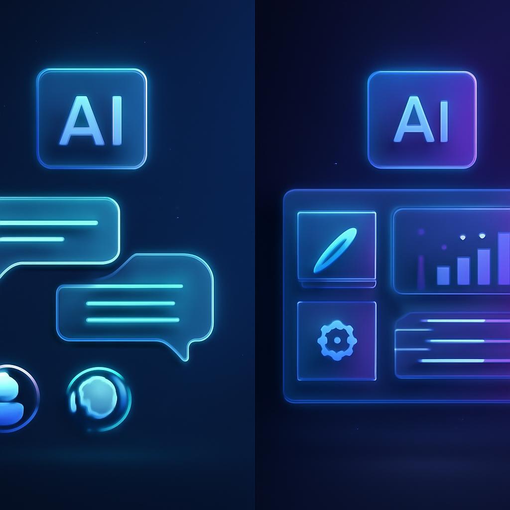 Split-screen comparison visual showing two distinct AI platforms side by side, left side features conversational chat bubbles and customer service icons in blue tones, right side displays comprehensive automation dashboard with content creation, analytics, and workflow icons in gradient purple and blue, modern tech aesthetic, clean minimalist design, floating holographic interface elements, professional business context, high-tech atmosphere, 16:9 ratio