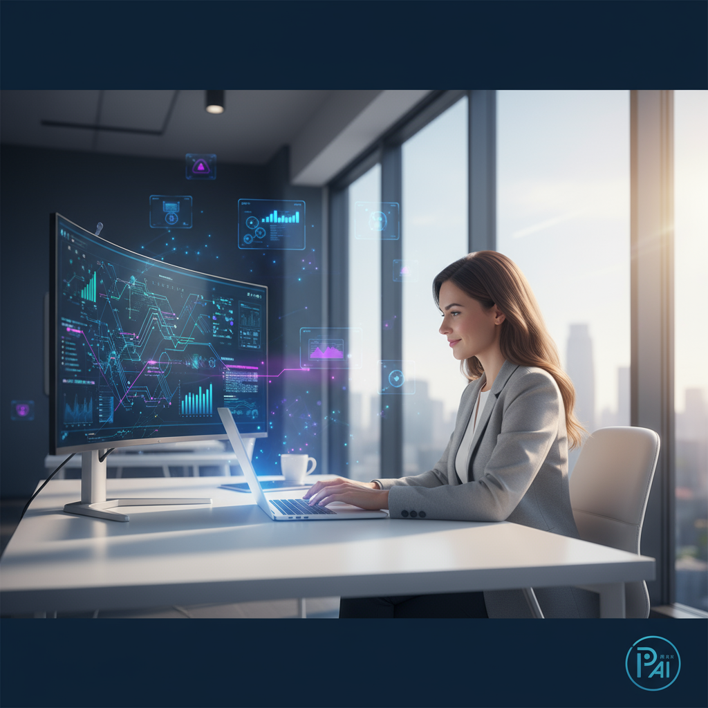 A modern, sleek hero image showing a confident logistics consultant working on a laptop in a contemporary office space with large windows. The scene should convey professionalism and success - perhaps a clean desk with a single monitor displaying supply chain analytics dashboards with flowing data visualizations. In the background, subtle holographic or translucent AI-powered interface elements float in the air, representing virtual agents and automation. The color palette should feature deep blues, clean whites, and subtle purple/magenta accents. Lighting should be natural and bright, coming from the windows, creating a sense of clarity and possibility. The composition should be balanced with the consultant positioned off-center, creating negative space that suggests growth and opportunity. Style: corporate professional with futuristic elements, photorealistic with slight enhancement, shallow depth of field to keep focus on the consultant. Include the Parallel AI logo (dark mode version) subtly placed in the bottom right corner.