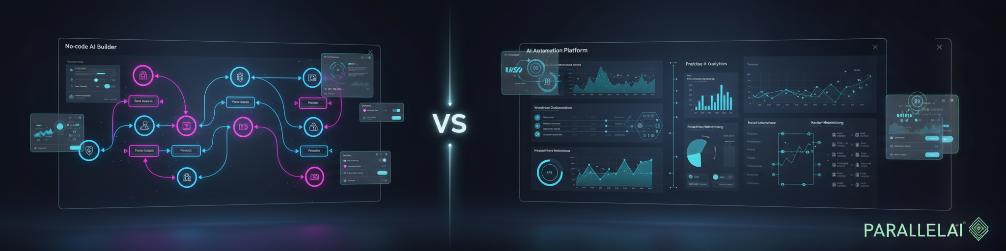 A professional split-screen comparison visualization showing two distinct AI platforms side by side. Left side features a colorful, visual flowchart-style interface with connected nodes and bright UI elements in blues and purples, representing a no-code builder approach. Right side displays a sophisticated, data-driven dashboard with multiple integration points, analytics graphs, and automation workflows in modern tech colors (deep blues, teals, and grays). The center has a subtle vertical divider with 'VS' text. Modern tech aesthetic with clean lines, subtle gradients, and professional lighting. Floating UI elements and holographic-style interface components create depth. Studio lighting with soft shadows. Include the Parallel AI logo (dark version) subtly in the bottom right corner as a watermark, maintaining brand presence without overwhelming the comparison theme. Overall composition should feel balanced, modern, and enterprise-grade, with a slight preference toward the sophisticated automation side to align with Parallel AI's positioning.