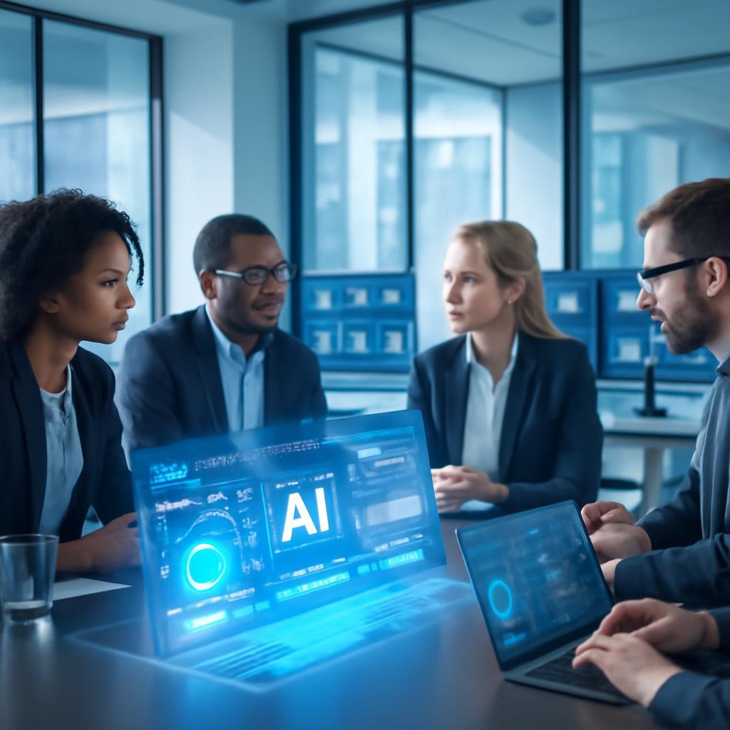 Modern professional office setting with multiple computer screens displaying AI dashboards and analytics, diverse business team collaborating around a conference table with holographic AI interface projections, sleek contemporary design with blue and white color scheme, natural lighting through floor-to-ceiling windows, high-tech atmosphere with minimalist aesthetic, ultra-detailed 8k rendering, business technology photography style