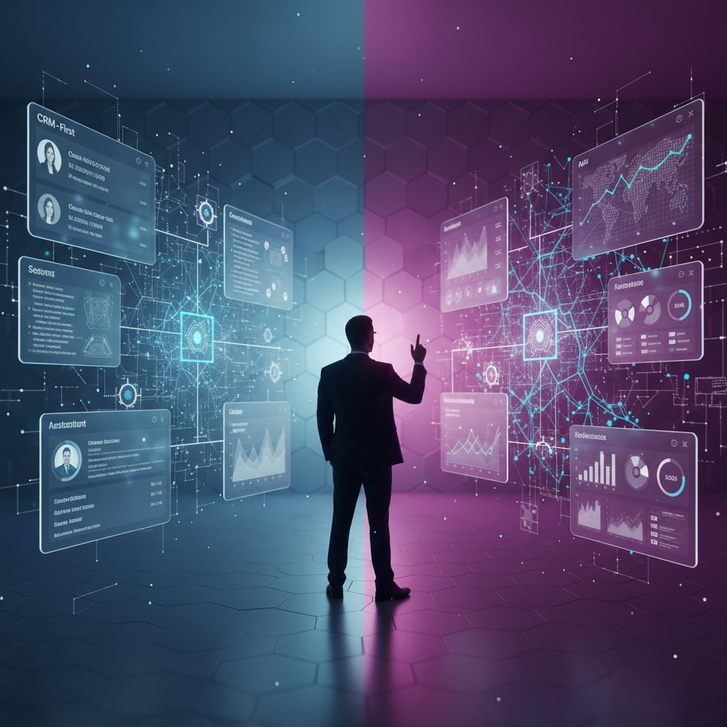 A sophisticated split-screen visualization comparing two AI platforms in a modern tech environment. Left side features a CRM-first interface with customer relationship elements flowing into AI components, shown in cool blues and silvers. Right side displays an AI-first architecture with neural network patterns flowing into business management tools, rendered in warm purples and teals. Center shows a professional consultant silhouette making a strategic decision, illuminated by soft key lighting. The composition uses clean geometric shapes, floating interface elements, and subtle data visualizations. Incorporate the Parallel AI brand colors (deep purple, cyan, and white) in the right side's AI-first representation, maintaining a premium, tech-forward aesthetic. Background features subtle hexagonal patterns and light particles suggesting innovation and transformation. Photorealistic rendering with depth of field, professional studio lighting, and a sleek, minimalist design language that conveys expertise and forward-thinking business strategy.