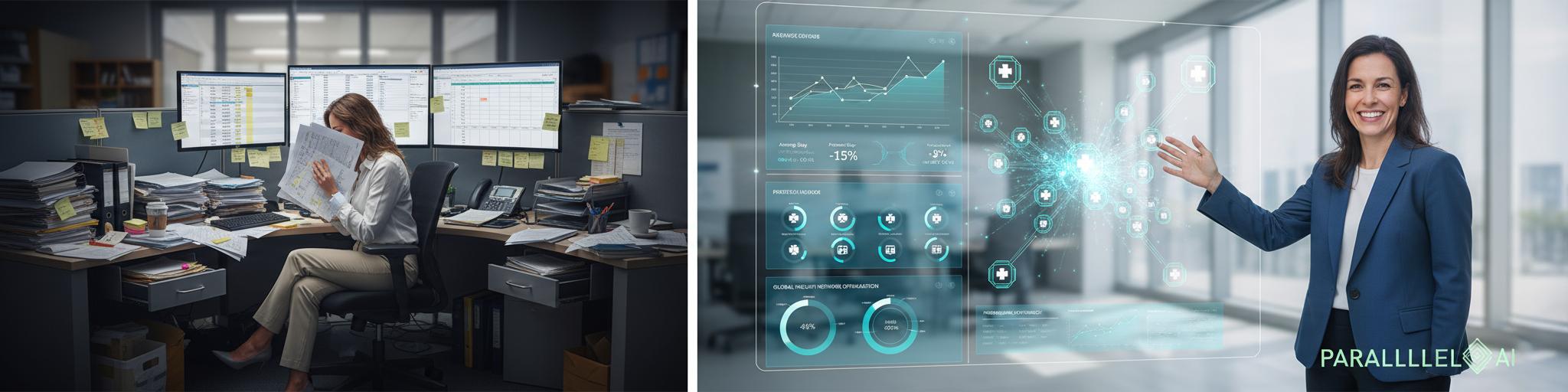 A sophisticated split-screen composition showing the transformation of healthcare consulting. Left side: A overwhelmed healthcare consultant surrounded by paper charts, calendars, and multiple computer screens, representing traditional consulting limitations. Right side: The same consultant confidently presenting on a large digital screen showing AI-powered dashboards with patient care metrics, hospital networks connected by glowing data streams, and strategic insights visualized in clean, modern interfaces. The scene transitions from chaos to clarity. Professional office environment with natural lighting from large windows. Modern corporate photography style with subtle blue and teal color accents that suggest innovation and healthcare. Photorealistic quality with sharp focus on the consultant and slight depth of field on the background. Include the Parallel AI logo subtly in the bottom right corner, using the dark mode version against the lighter background elements.