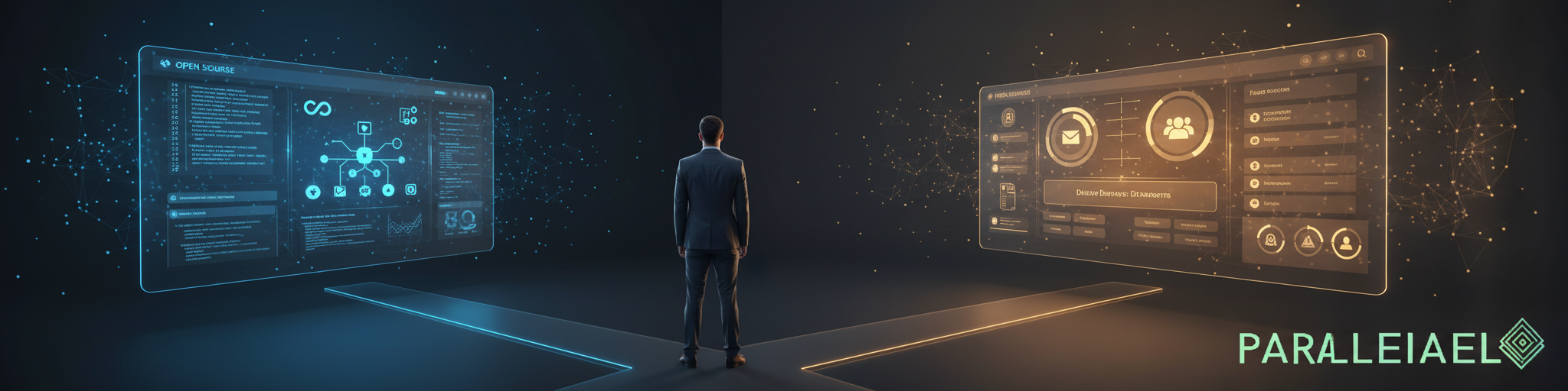A modern, clean split-screen comparison visualization showing two distinct AI platforms represented as sleek 3D interfaces floating in space. Left side: a technical, code-focused interface with dark blue tones, open-source symbols, and developer tools. Right side: a business-friendly, intuitive dashboard with warm amber and gold accents, drag-and-drop elements, and simplified controls. Between them, a professional consultant figure (shown from behind, business casual attire) stands at a crossroads, contemplating the choice. The background features a subtle gradient from deep navy to warm charcoal, with floating abstract data particles and neural network patterns. Lighting is dramatic with soft rim lighting on the interfaces, creating depth and professionalism. The Parallel AI logo should be subtly placed in the bottom right corner using the dark mode logo style. Ultra-modern, corporate aesthetic with photorealistic rendering, clean composition, 4K quality.