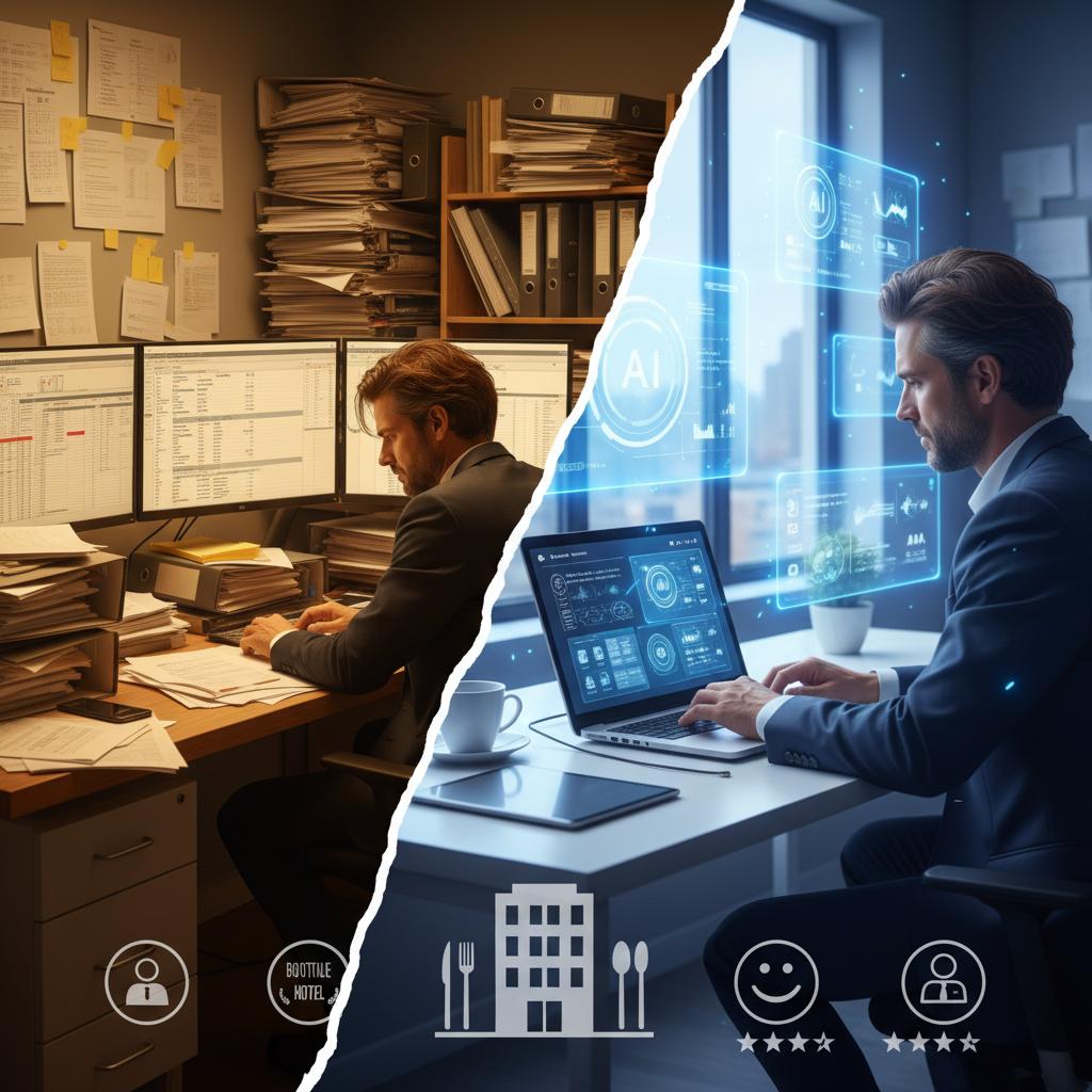 A modern, sophisticated split-screen composition showing the transformation of hospitality consulting. Left side: A stressed independent consultant surrounded by stacks of papers, traditional reports, and spreadsheets in a dimly lit office setting with warm, overwhelmed lighting. Right side: The same consultant in a bright, modern workspace using AI-powered dashboards on a sleek laptop, with holographic data visualizations floating around them, showing guest analytics and insights. The transition between the two sides should be dramatic, with the right side featuring cool blue and purple AI-inspired lighting. In the foreground, subtle elements representing hospitality: a boutique hotel silhouette, restaurant icons, and guest experience symbols. The overall style should be clean, professional, and tech-forward with a hospitality industry aesthetic. Cinematic lighting, ultra-detailed, 8K quality, business editorial photography style.