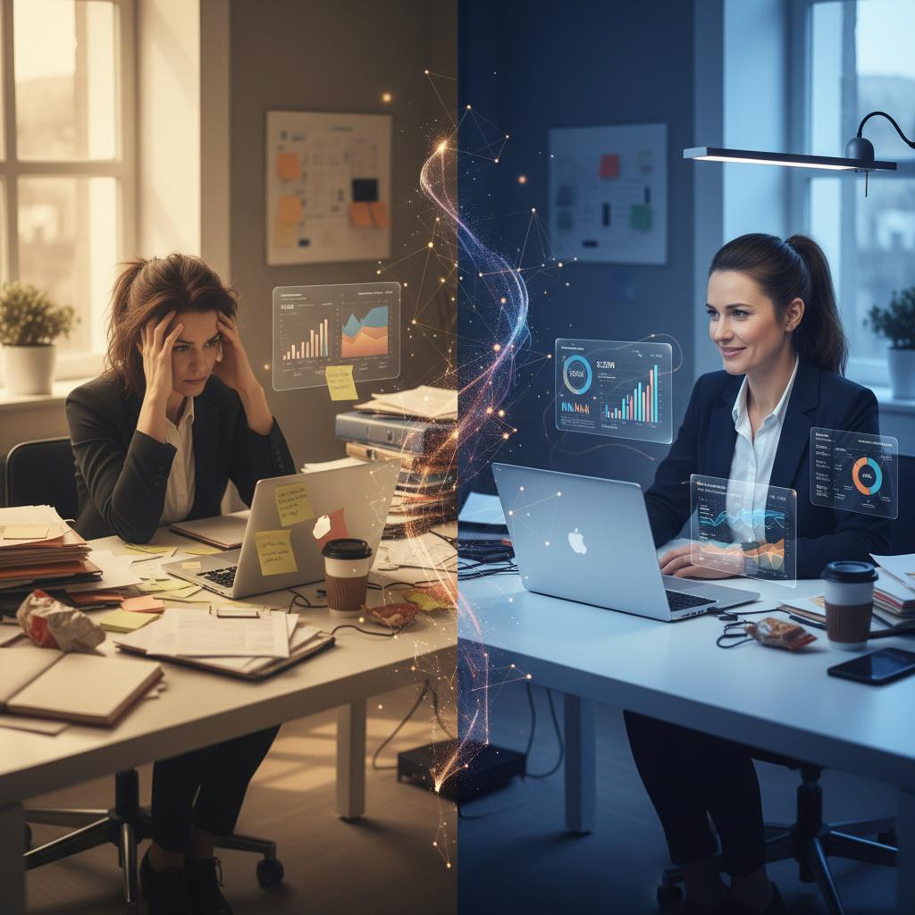 A modern, professional split-screen composition showing the transformation of a nonprofit consultant's workflow. Left side: A stressed consultant surrounded by scattered papers, multiple laptops, and sticky notes in warm, muted tones representing the old way of working. Right side: The same consultant confidently working at a clean, minimal desk with a sleek laptop displaying AI-powered dashboards and analytics, bathed in cool, optimistic blues and purples. The transition between the two sides should have a subtle gradient or flowing element suggesting evolution. Center of the image features a subtle overlay of digital network nodes and connections symbolizing AI integration. Professional photographic style with shallow depth of field, natural window lighting on the left transitioning to modern LED task lighting on the right. Color palette should include deep blues, purples, and warm neutrals. Cinematic composition with the consultant as the focal point, showing their journey from overwhelm to empowerment. Include subtle data visualizations and fundraising metrics floating in the modern side. 8k resolution, magazine-quality photography.