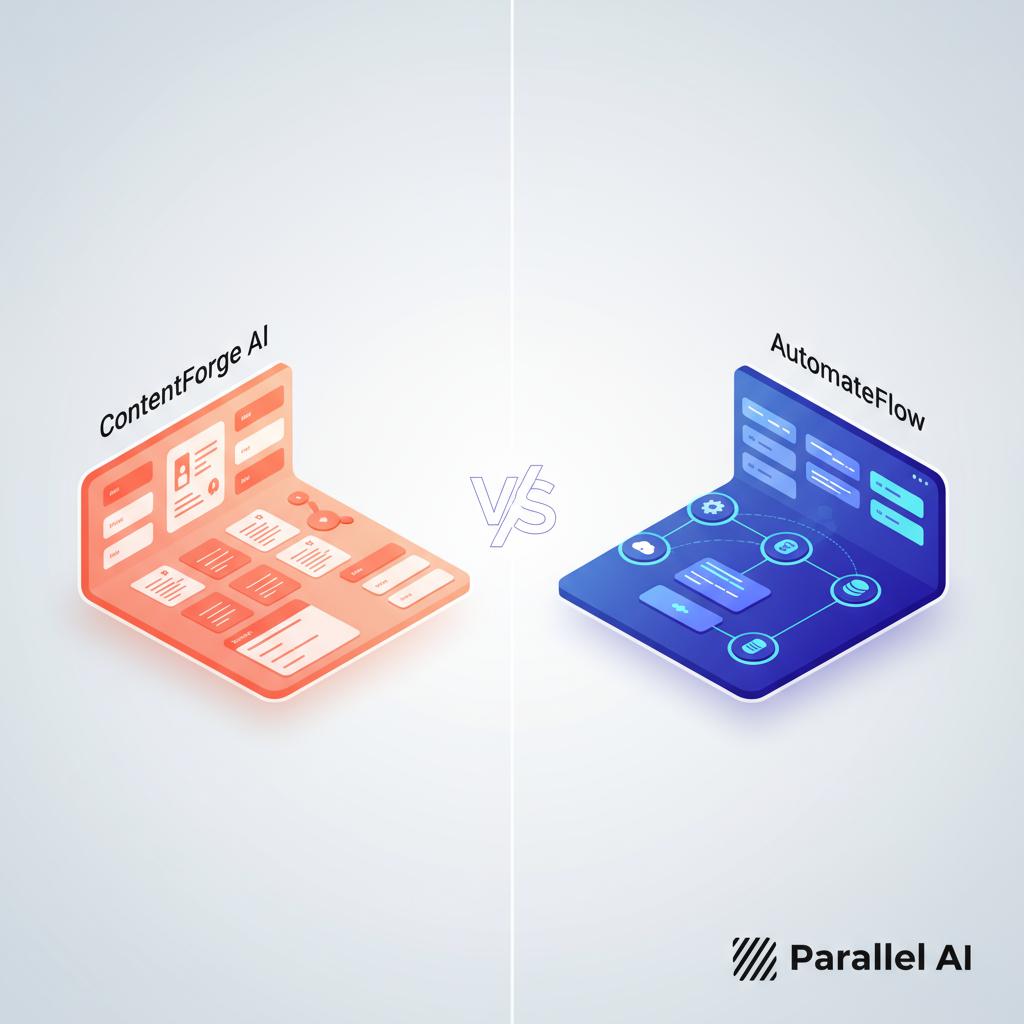 A modern, professional split-screen comparison illustration showing two AI platforms facing off. On the left side, a minimalist content creation workspace with clean typography and document icons in warm orange and coral tones. On the right side, a comprehensive automation dashboard with interconnected workflow nodes and integration symbols in cool blue and purple gradients. The center features a subtle versus symbol (VS) with a glowing effect. The overall composition uses a sophisticated tech aesthetic with depth, soft shadows, and a clean white-to-light-gray gradient background. Incorporate the Parallel AI logo (using the dark mode version) in the bottom right corner with subtle transparency. Style: modern B2B SaaS illustration, isometric perspective, professional color palette with emphasis on clarity and distinction between the two platforms. Lighting: soft ambient with slight rim lighting to create depth.