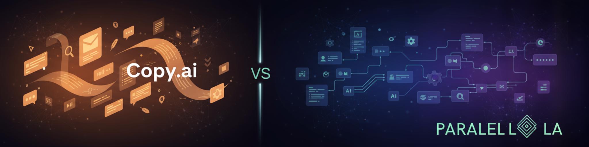 A modern, split-screen comparison illustration showing two distinct AI platforms facing each other. On the left side, visualize Copy.ai with warm orange and amber tones, featuring flowing text streams and content generation elements. On the right side, represent Parallel AI with deep blue and purple gradients, displaying interconnected workflow nodes and automation chains. The center shows a subtle versus symbol or dividing line. The scene has a clean, professional tech aesthetic with soft ambient lighting, floating UI elements, and a subtle depth of field. Background features abstract digital patterns and neural network visualizations. Incorporate the Parallel AI logo in the bottom right corner using the dark mode version to maintain visibility. Style: modern tech illustration, clean and professional, semi-flat design with depth, corporate color palette with blues and purples from the brand identity.
