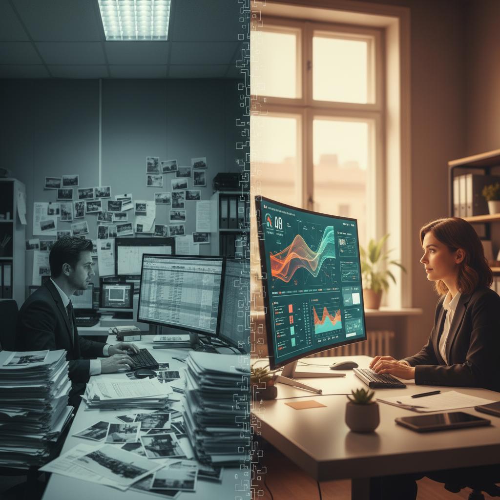 A sophisticated split-screen composition showing the transformation of real estate consulting. Left side: A overwhelmed consultant surrounded by stacks of paper reports, physical property photos, and multiple computer screens showing spreadsheets in a traditional office setting, photographed in muted, desaturated tones with harsh overhead lighting. Right side: The same consultant in a modern, minimalist workspace with a single sleek monitor displaying AI-powered dashboards with colorful data visualizations, property analytics, and market insights, bathed in warm, natural window light. The center dividing line features a subtle gradient transition from analog to digital. Modern professional photography style, shallow depth of field on the consultant, cinematic color grading with teal and orange tones. 4K quality, architectural photography aesthetic, shot with 35mm lens.