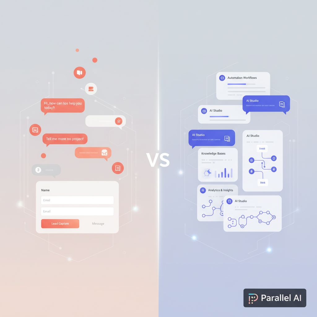 A modern, sophisticated split-screen composition showing a visual comparison between two AI platforms. Left side: a sleek conversational landing page interface with chat bubbles and lead capture forms, using warm orange and coral accent colors. Right side: a comprehensive dashboard displaying multiple AI tools, automation workflows, and knowledge bases with cool blue and purple tones. The center features a subtle dividing line with a versus symbol. The overall aesthetic should be professional, clean, and technology-focused with a soft gradient background transitioning from light gray to white. Include subtle geometric patterns and circuit-like elements in the background to suggest AI technology. Lighting should be bright and even with a slight glow effect on the interactive elements. Style: modern SaaS illustration, minimalist, data-driven aesthetic with rounded corners and contemporary UI elements. Incorporate the Parallel AI logo (dark mode version with light colors) subtly in the bottom right corner, maintaining brand presence without overwhelming the composition.