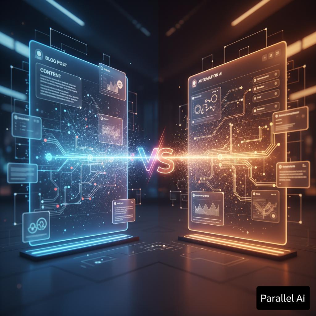 A sophisticated split-screen comparison visualization showing two distinct AI platforms facing each other. Left side: A sleek content creation interface with floating holographic text snippets, blog posts, and marketing copy materializing from streams of light particles in cool blues and purples. Right side: A comprehensive automation dashboard with interconnected nodes, workflow diagrams, and multi-layered system connections in warm amber and orange tones. The center dividing line features a subtle VS symbol that pulses with energy. Modern, tech-forward aesthetic with depth of field, volumetric lighting, and clean geometric shapes. Professional business environment with floating UI elements and data visualizations. Include the Parallel AI logo subtly in the bottom right corner using the dark mode version, as the image uses predominantly light and colorful tones. High-tech, futuristic styling with crystal-clear details and professional polish suitable for B2B SaaS comparison content.