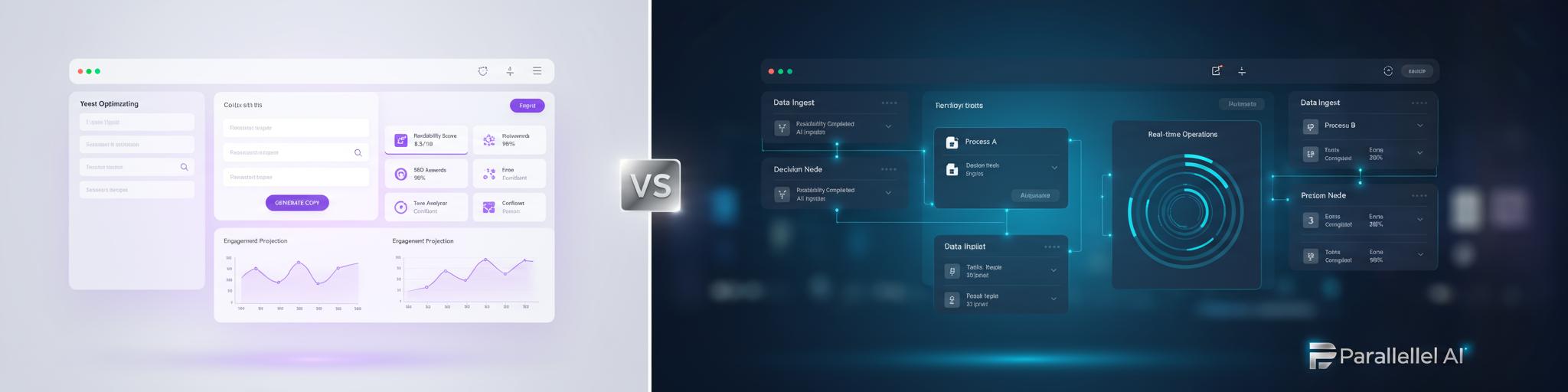 A sophisticated split-screen comparison visualization showing two distinct AI platform interfaces side by side. Left side features clean, minimalist copywriting interface with text optimization tools in soft purple and white tones. Right side shows comprehensive AI automation dashboard with multiple workflow panels in deep blues and teals. Center dividing line features a subtle VS badge. Modern tech aesthetic with floating UI elements, holographic data visualizations, and gentle gradients. Professional lighting with soft shadows creating depth. Clean, corporate style with emphasis on clarity and comparison. Incorporate Parallel AI branding elements in bottom right corner using the provided logo reference - should be subtle but recognizable, maintaining the premium professional aesthetic of the scene.