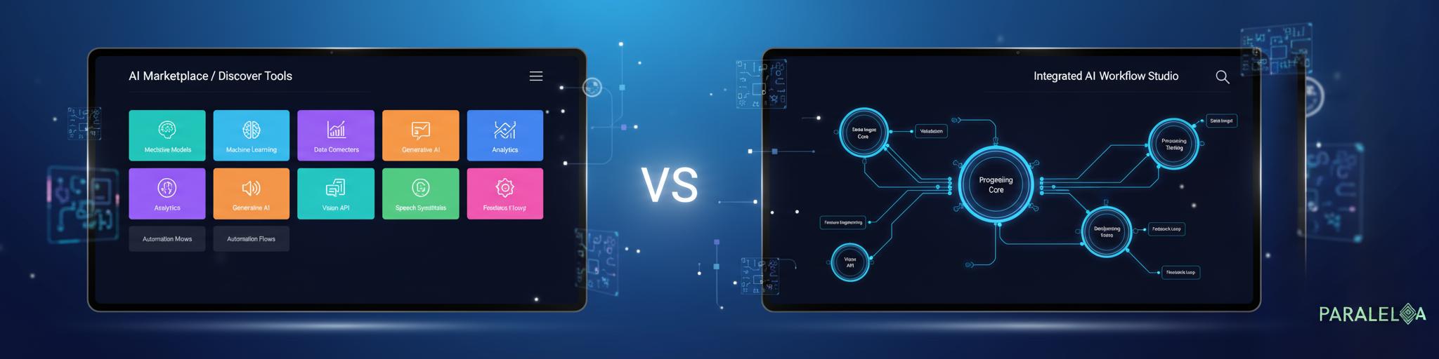 A modern, professional split-screen comparison visualization showing two distinct AI platform interfaces side by side. On the left, a sleek marketplace-style dashboard with multiple colorful tool cards arranged in a grid, suggesting diversity and choice. On the right, an integrated ecosystem interface with interconnected nodes and workflow diagrams, emphasizing cohesion and depth. The background features a gradient from deep navy to vibrant tech blue, creating a sophisticated SaaS aesthetic. In the center, a subtle versus symbol (VS) glows with soft light. The composition uses clean lines, modern UI elements, and a professional color palette of blues, purples, and whites. Floating abstract elements like AI circuit patterns, connection lines, and data nodes create depth. Cinematic lighting with rim lights highlighting the interfaces. The bottom right corner features the Parallel AI logo (use the light-colored version from reference ca4e5aaf-d719-43a9-8683-e56e3857eaa6) subtly integrated into the dark blue background. Photography style: high-end tech product visualization with depth of field, 8K quality, sharp focus on the center comparison.