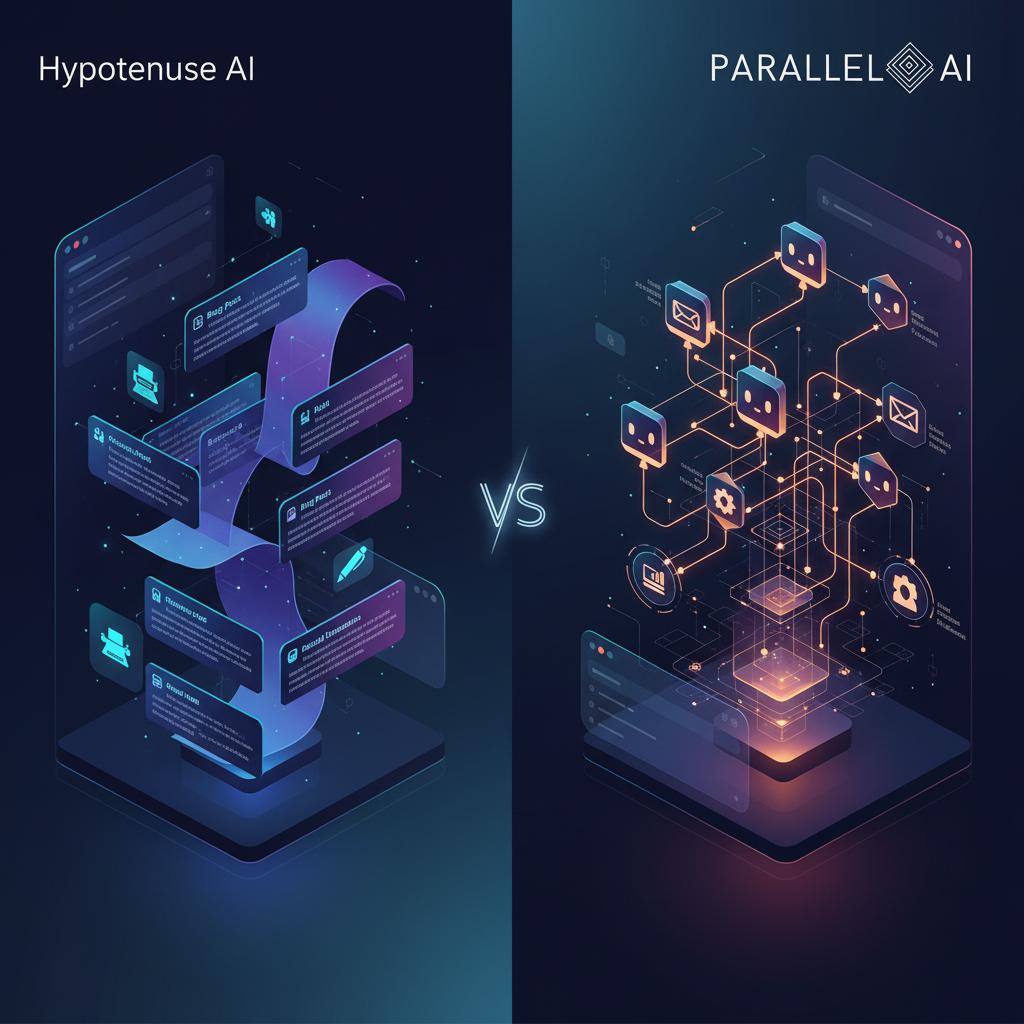 A modern split-screen comparison visualization showing two distinct AI platforms. Left side: Hypotenuse AI represented by flowing content streams - floating blog posts, product descriptions, and social media snippets arranged in an elegant cascade with typewriter and pen icons. Right side: Parallel AI depicted as an interconnected ecosystem - multiple AI agent avatars connected by glowing neural pathways, automation workflows, and integration nodes forming a comprehensive business system. The center features a subtle versus symbol ('VS') with professional lighting. Color palette: deep navy blues, electric purples, and bright accent colors suggesting innovation. Style: clean, professional tech illustration with depth, soft gradients, and modern UI-inspired design elements. Cinematic lighting with subtle glow effects highlighting key features. Composition balanced with equal visual weight on both sides, photographed from a slightly elevated perspective for authority.