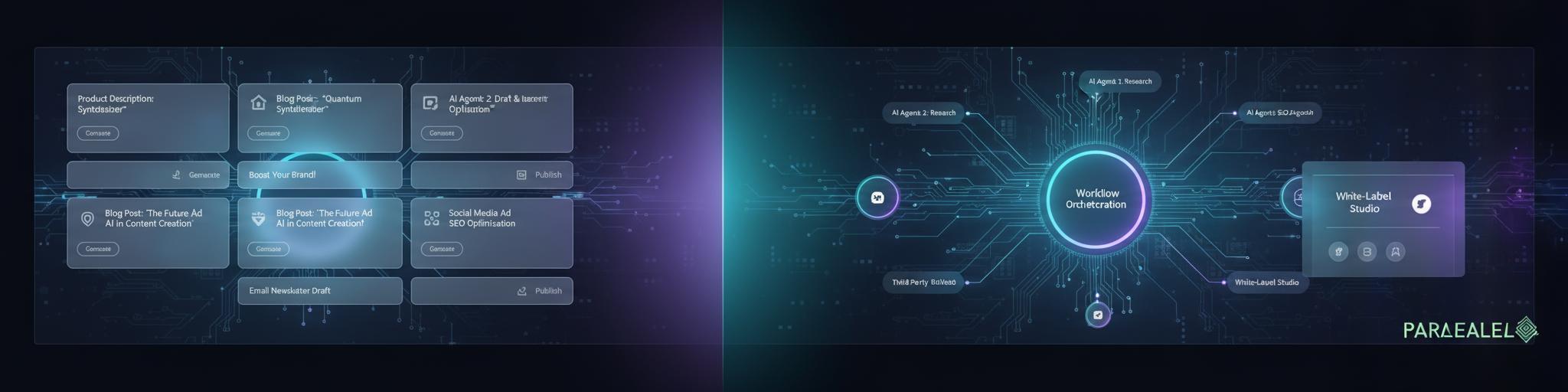 A modern split-screen comparison visualization showing two distinct AI platform ecosystems. Left side: a minimalist, focused interface displaying content generation tools with product descriptions and blog posts floating in a clean, organized grid - rendered in muted blues and grays suggesting utility and efficiency. Right side: a comprehensive ecosystem with interconnected nodes representing multiple AI agents, workflow automation, and white-label branding elements - rendered in vibrant teals and purples suggesting depth and scalability. The split is marked by a subtle gradient transition. Background features abstract circuit patterns and data flow lines. Cinematic lighting with soft shadows. Professional tech industry aesthetic. Include the Parallel AI logo (white version) subtly placed in the bottom right corner of the comprehensive ecosystem side, maintaining brand presence without overwhelming the comparison narrative. Ultra-detailed, 4K quality, modern SaaS platform visualization style.