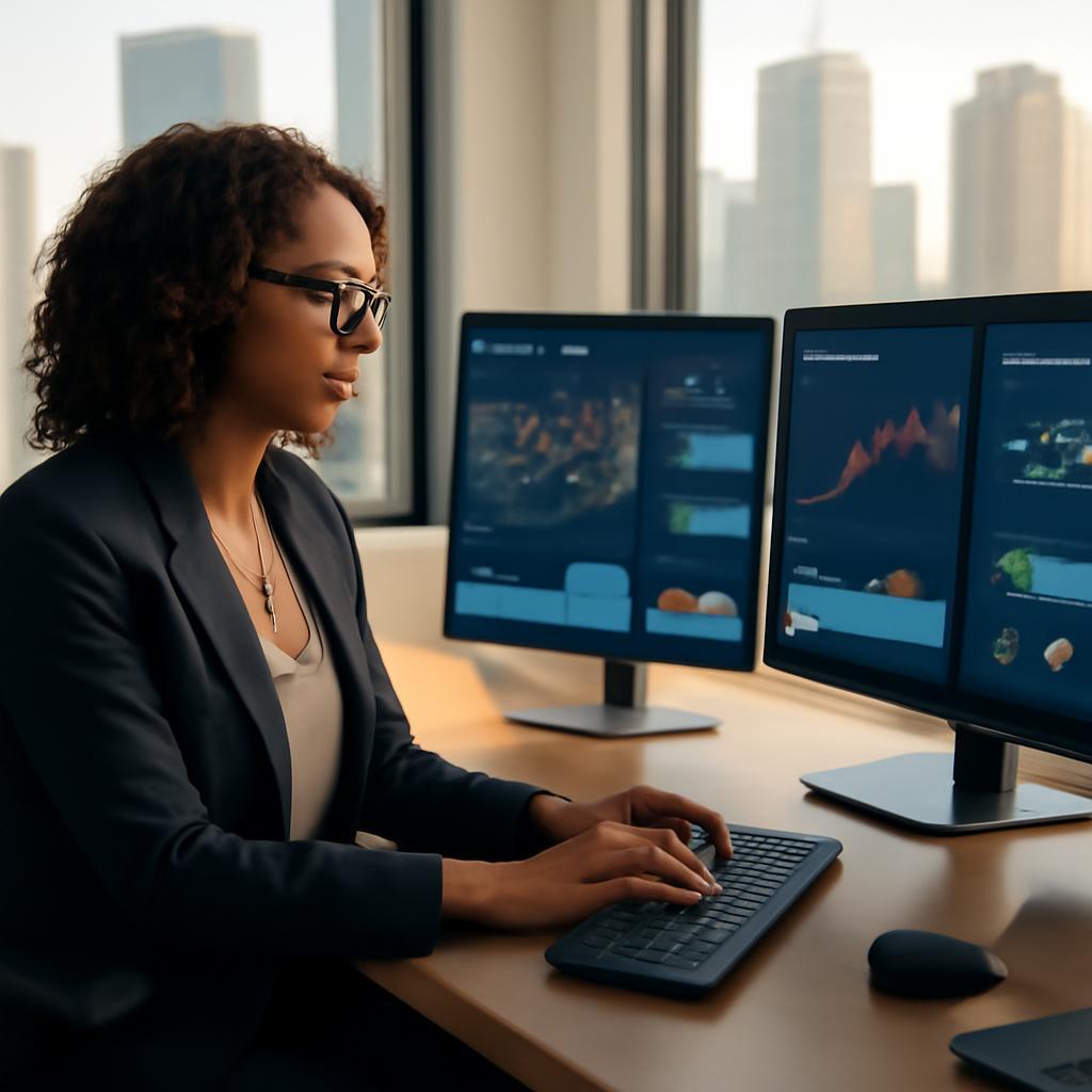 Modern independent real estate consultant working at a sleek desk with multiple monitors displaying AI-powered property analytics, market trend graphs, and predictive modeling dashboards, professional office environment with city skyline visible through large windows, warm natural lighting, sophisticated technology aesthetic, photorealistic, high detail, professional photography style