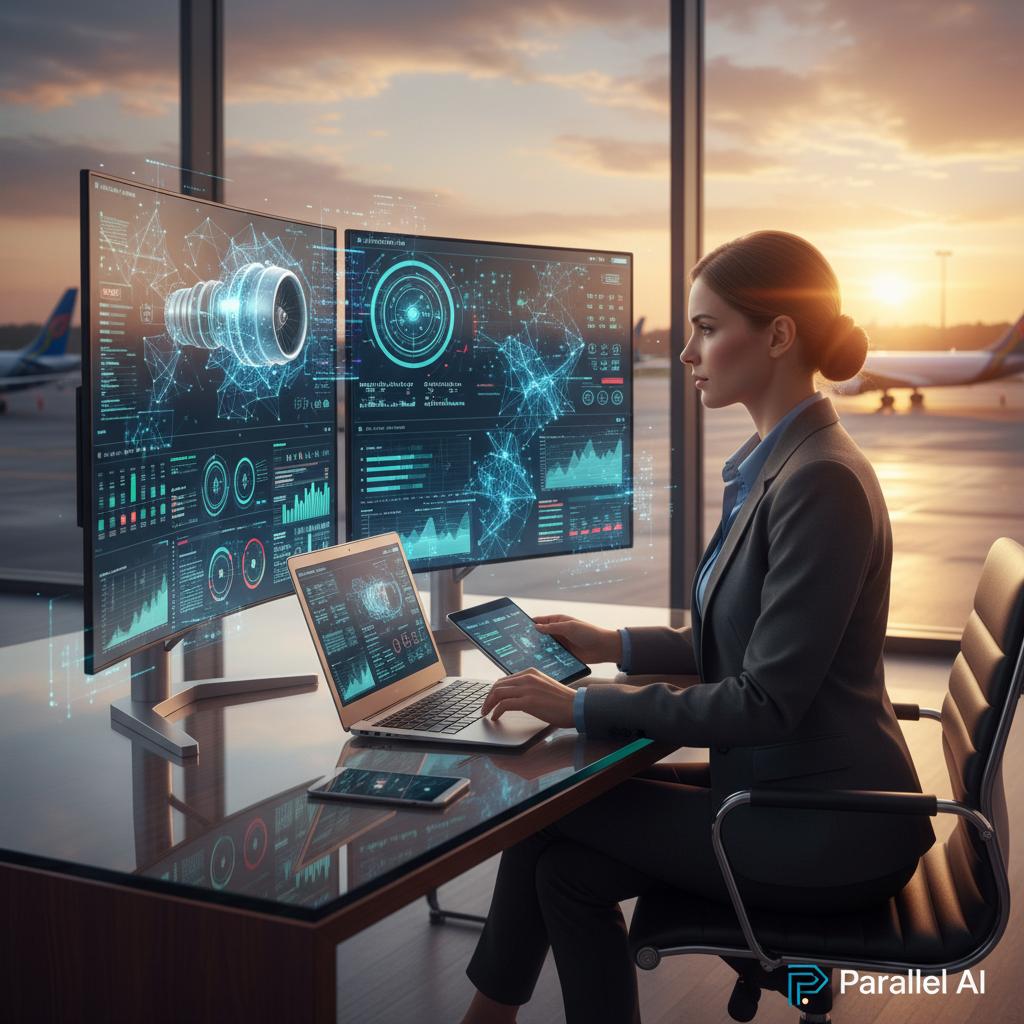 Professional aviation consultant working in a modern office with multiple screens displaying flight safety data, compliance dashboards, and AI analytics interfaces. A confident woman in business casual attire sits at a sleek desk with a laptop, digital tablet showing aircraft safety diagrams, and holographic data visualizations floating in the air. Background shows floor-to-ceiling windows overlooking an airport with planes on the tarmac at sunset. The scene combines traditional aviation imagery (planes, safety equipment) with futuristic AI elements (glowing neural network patterns, data streams, automated analysis graphs). Lighting is warm and professional with golden hour sunlight streaming through windows, creating a sense of expertise and innovation. Cinematic composition with depth of field, photo-realistic style with subtle tech-enhanced elements. Color palette should incorporate professional blues and warm golds to suggest both trust and innovation. Include the Parallel AI logo in the bottom right corner as a subtle brand element, using the dark mode version since the image has warm, light tones.