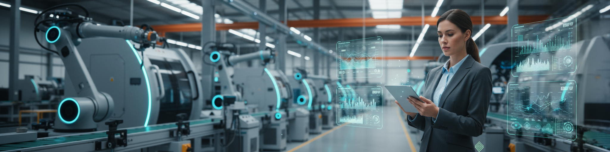 A modern manufacturing facility interior scene showing the intersection of traditional industrial operations and AI technology. In the foreground, a confident female manufacturing consultant in professional business attire stands reviewing data on a sleek tablet, with holographic AI interface elements floating around her showing predictive maintenance dashboards and efficiency metrics. The background shows automated assembly lines with robotic arms and smart sensors, bathed in clean industrial lighting with blue accent lights suggesting advanced technology. The composition should balance warm, human elements (the consultant) with cool, technological elements (the AI systems and machinery). Shot with shallow depth of field, professional photography style, emphasizing the consultant as the bridge between traditional manufacturing and AI innovation. Color palette: industrial grays and metallics with strategic blue accent lighting to suggest innovation. Lighting: natural overhead industrial lighting mixed with cool blue LED accents from machinery displays. Include the Parallel AI logo (light version) subtly placed in the bottom right corner to maintain brand presence without overwhelming the scene.