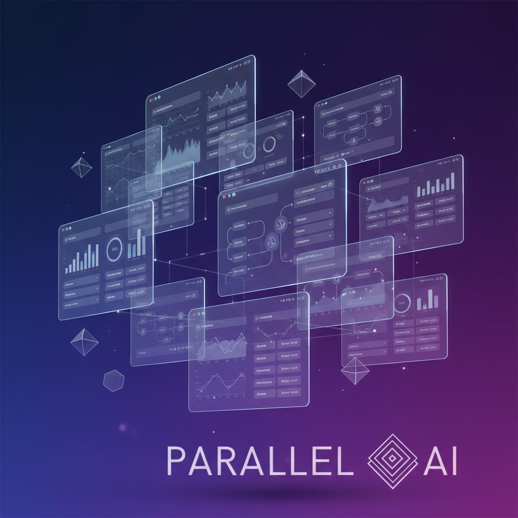 A modern, professional comparison visualization showing multiple AI platform interfaces on floating transparent screens arranged in a dynamic composition. The screens display dashboard elements, workflow builders, and customization options. The scene features a clean, tech-forward aesthetic with a gradient background transitioning from deep navy blue to vibrant purple, incorporating the brand's color palette. Soft volumetric lighting creates depth with subtle glow effects around the screens. Include sleek geometric shapes and connecting lines that suggest integration and workflow. The composition should feel sophisticated yet approachable, with a slight depth-of-field effect to create visual hierarchy. Style: modern tech illustration with a professional, polished finish. Lighting: studio-quality with subtle rim lighting on the screens.