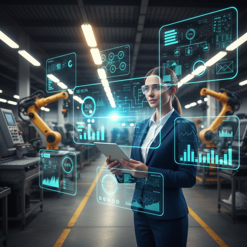 A professional manufacturing consultant standing confidently in a modern factory setting, holographic AI interface displays floating around them showing real-time production analytics, efficiency metrics, and automated process flows. The scene combines industrial elements (robotic assembly lines, precision machinery in soft focus background) with futuristic technology overlays. Warm industrial lighting from overhead fixtures mixed with cool blue glow from holographic displays. The consultant is reviewing data on a tablet while AI-generated insights materialize as transparent 3D graphs and flowcharts in the air. Photorealistic style with a slight sci-fi edge, emphasizing the fusion of human expertise and AI capabilities. Color palette: deep blues and teals for tech elements, warm industrial oranges and grays for the factory environment. Composition: consultant positioned in lower third, AI interfaces filling upper portion, creating sense of technological empowerment. 4K quality, detailed textures on both industrial equipment and holographic elements.