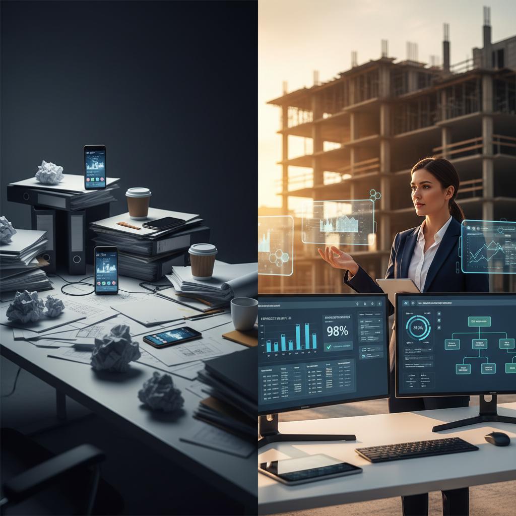 A professional construction consultant in business attire standing confidently at a modern construction site, reviewing digital blueprints on a tablet. The scene is split-screen style: on the left, a chaotic desk overflowing with papers and multiple phones ringing; on the right, a clean, organized workspace with an AI interface displaying project analytics and automated workflows on sleek monitors. Warm golden hour lighting illuminates the construction site in the background with steel beams and concrete structures. The consultant has a calm, empowered expression. Modern, professional photography style with depth of field, high contrast between the 'before chaos' and 'after AI-enabled' sides. Incorporate subtle tech-forward UI elements floating in AR-style around the organized workspace. Color palette should include warm golds, professional blues, and clean whites. Reference the clean, professional aesthetic and modern tech styling of brand materials.