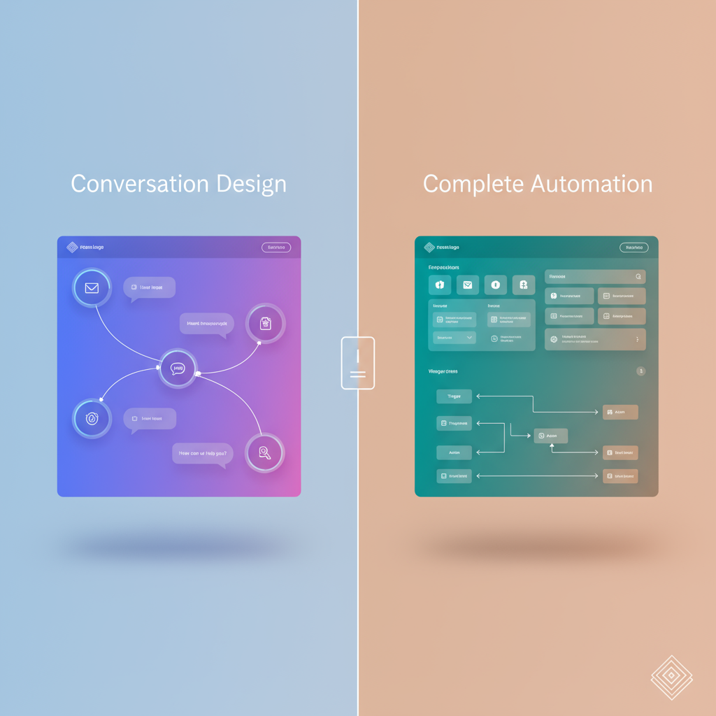 A sophisticated split-screen comparison visualization showing two distinct AI platform approaches. Left side: A conversation flow diagram with connected nodes and chat bubbles in cool blues and purples, representing traditional chatbot design. Right side: A comprehensive business automation dashboard with multiple integration points, workflow automation streams, and white-label elements in warm teals and oranges, representing complete business solutions. The center features a subtle versus divider with clean geometric lines. Modern, minimalist 3D design with soft shadows and depth. Professional technology aesthetic with clean typography overlays reading 'Conversation Design' and 'Complete Automation'. Incorporate the Parallel AI brand colors (teal/cyan accents) subtly on the automation side. Studio lighting with gentle gradients, floating UI elements, and a sense of technological sophistication. Premium business software visualization style.