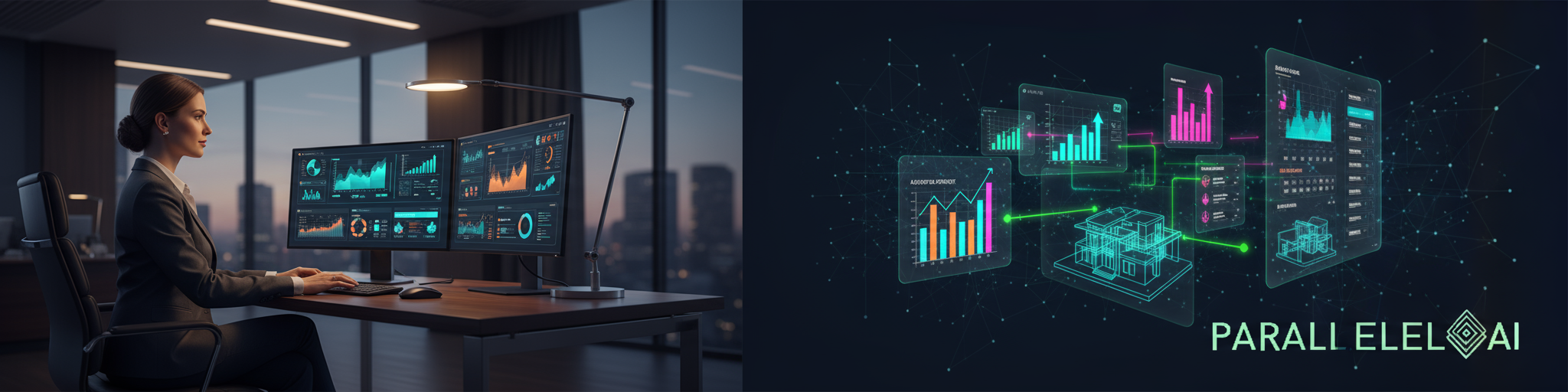 A sophisticated, modern composition showing a confident solo real estate consultant working at a sleek desk with dual monitors displaying property analytics dashboards and AI-powered market reports. The scene is split-screen style: on one side, the consultant works calmly in a minimalist office with warm, professional lighting; on the other side, holographic data visualizations float above showing upward growth charts, property listings, and automated workflows. The color palette features deep navy blues, professional grays, and vibrant accent colors for the data visualizations. In the background, subtle geometric patterns suggest AI networks and connectivity. The lighting is cinematic with soft shadows, conveying both sophistication and technological advancement. Photorealistic style with a touch of futuristic UI elements. Place the Parallel AI logo (dark mode version) subtly in the bottom right corner to maintain brand presence without overwhelming the composition.