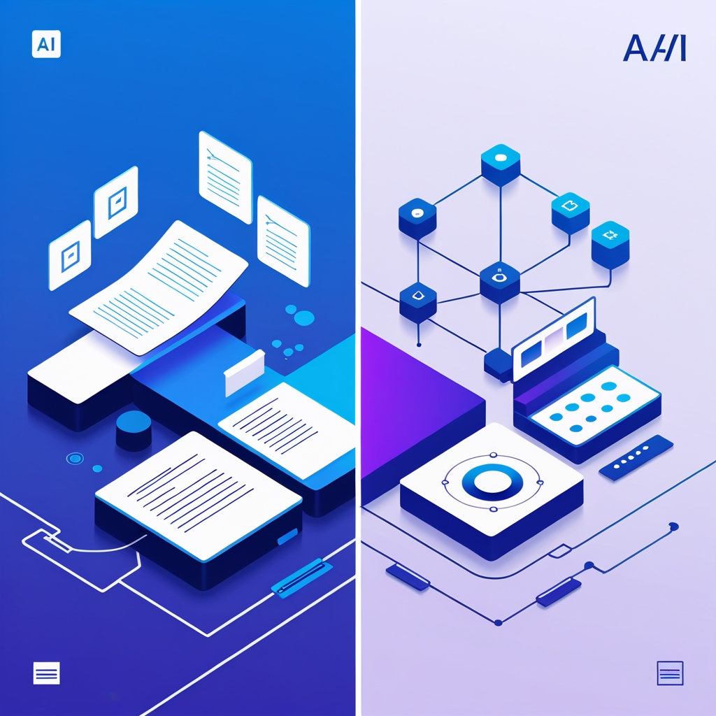 Modern minimalist comparison illustration showing two distinct AI platforms side by side, represented by contrasting geometric shapes - one focusing on content creation with document and writing symbols, the other showing comprehensive automation with interconnected nodes and business process icons, clean professional aesthetic with blue and purple gradient, digital technology theme, white background, crisp lines, corporate style