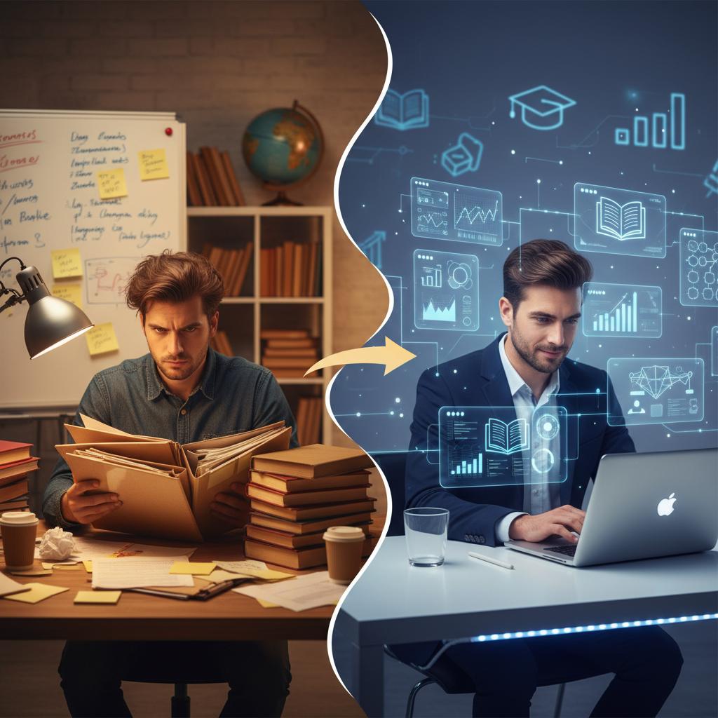 A modern, inspiring split-screen composition showing the transformation in education consulting. Left side: A stressed consultant surrounded by physical papers, folders, and sticky notes in warm, chaotic lighting - showing traditional methods. Right side: The same consultant working confidently on a sleek laptop with holographic AI interface elements floating around them, clean organized workspace, cool futuristic lighting with subtle purple and blue tones. The center shows a gentle transition effect suggesting evolution. Background features subtle education-related iconography (graduation caps, books, graphs showing upward trends). Professional photography style with dramatic lighting contrast, shallow depth of field, 4K quality. Overall mood: hopeful transformation, professional, cutting-edge technology meeting human expertise. Color palette should emphasize the contrast between warm chaotic traditional (yellows, oranges) and cool organized future (blues, purples, whites).