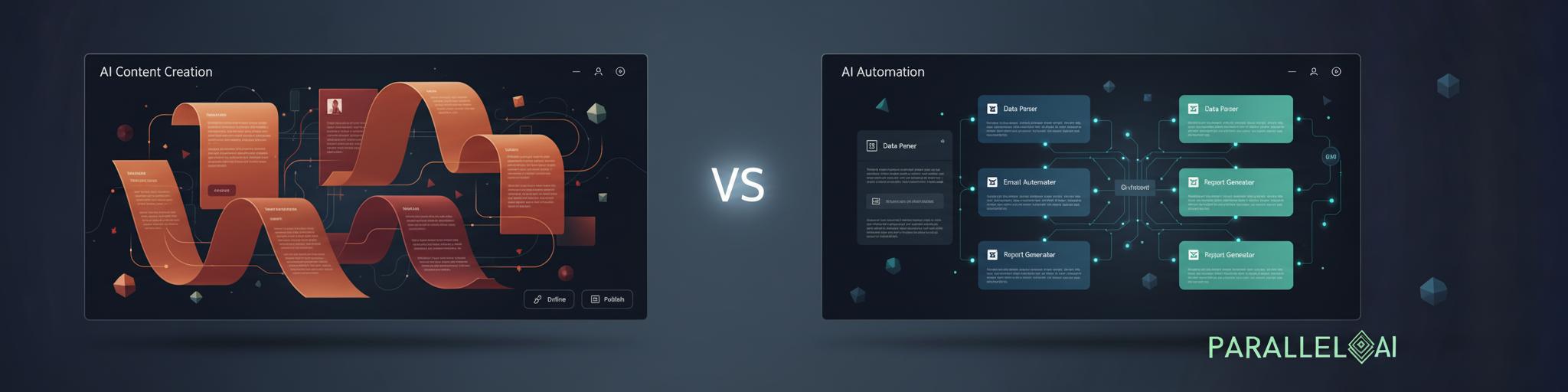 A modern, professional split-screen comparison visualization showing two distinct AI platforms. On the left side, a sleek content creation interface with flowing text and documents in warm marketing colors (oranges, reds). On the right side, a comprehensive automation dashboard with interconnected nodes, workflow diagrams, and multiple AI agent cards in professional blues and teals. The center features a subtle 'VS' divider with a glowing effect. The background should be a clean gradient from deep navy to slate gray. In the bottom right corner, incorporate the Parallel AI logo using the colors and style from the dark mode reference - ensuring it appears refined and professional without overwhelming the comparison visualization. Cinematic lighting with soft shadows, modern UI/UX design aesthetic, high-tech atmosphere, 3D elements with depth, professional photography style.