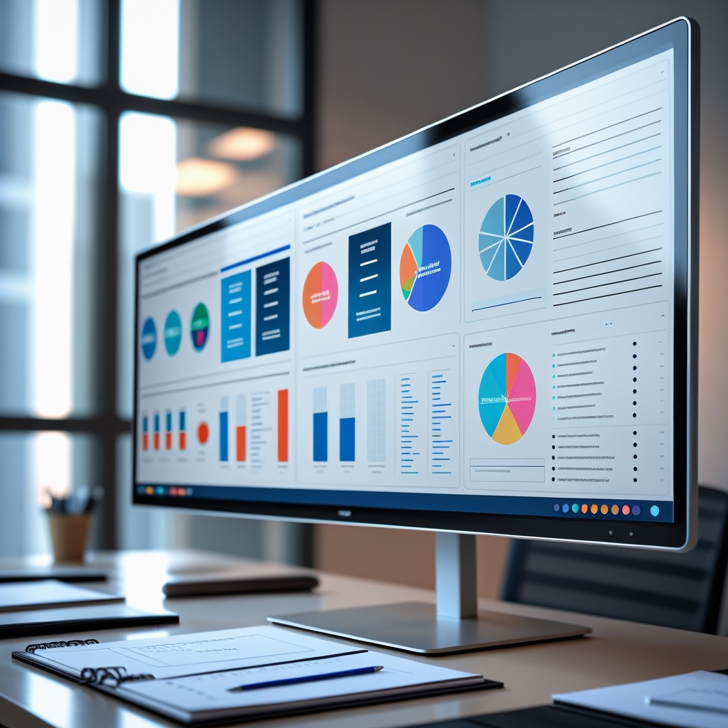 A sleek, modern comparison dashboard displaying multiple AI platforms side-by-side on a large ultra-wide monitor in a minimalist office setting. The screen shows clean interface mockups with evaluation metrics, feature matrices, and pricing comparisons visualized through elegant data visualization charts. Soft, professional lighting from a window creates subtle reflections on the glossy monitor surface. The color palette emphasizes cool blues and grays with strategic pops of vibrant accent colors to highlight key differentiators. In the foreground, a notepad with strategic notes and a premium pen suggest careful analysis and decision-making. Photorealistic style with shallow depth of field, focusing on the central screen while gently blurring the background. The composition conveys professionalism, analytical rigor, and strategic technology evaluation. Cinematic lighting with a slightly cool color temperature, shot from a 45-degree angle to showcase both the screen content and the professional workspace context.