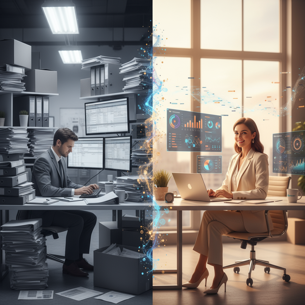A sophisticated, modern split-screen composition showing the contrast between traditional and AI-powered insurance consulting. Left side: A stressed consultant surrounded by towering stacks of paperwork, physical files, and multiple computer screens showing spreadsheets, shot in muted, desaturated tones with harsh fluorescent lighting. Right side: A confident, relaxed consultant in a contemporary workspace with a single sleek laptop displaying elegant AI dashboards with glowing data visualizations, bathed in warm, natural light streaming through large windows. The transition between the two sides features a subtle gradient with flowing digital particles and neural network patterns. Professional business photography style with shallow depth of field, emphasizing the contrast. Ultra-sharp detail, commercial photography quality. Color palette: Left side uses grays and blues; right side uses warm whites, soft golds, and the brand's signature colors. Incorporate subtle technology elements like holographic UI overlays and data streams on the modern side. 8k resolution, photorealistic rendering.