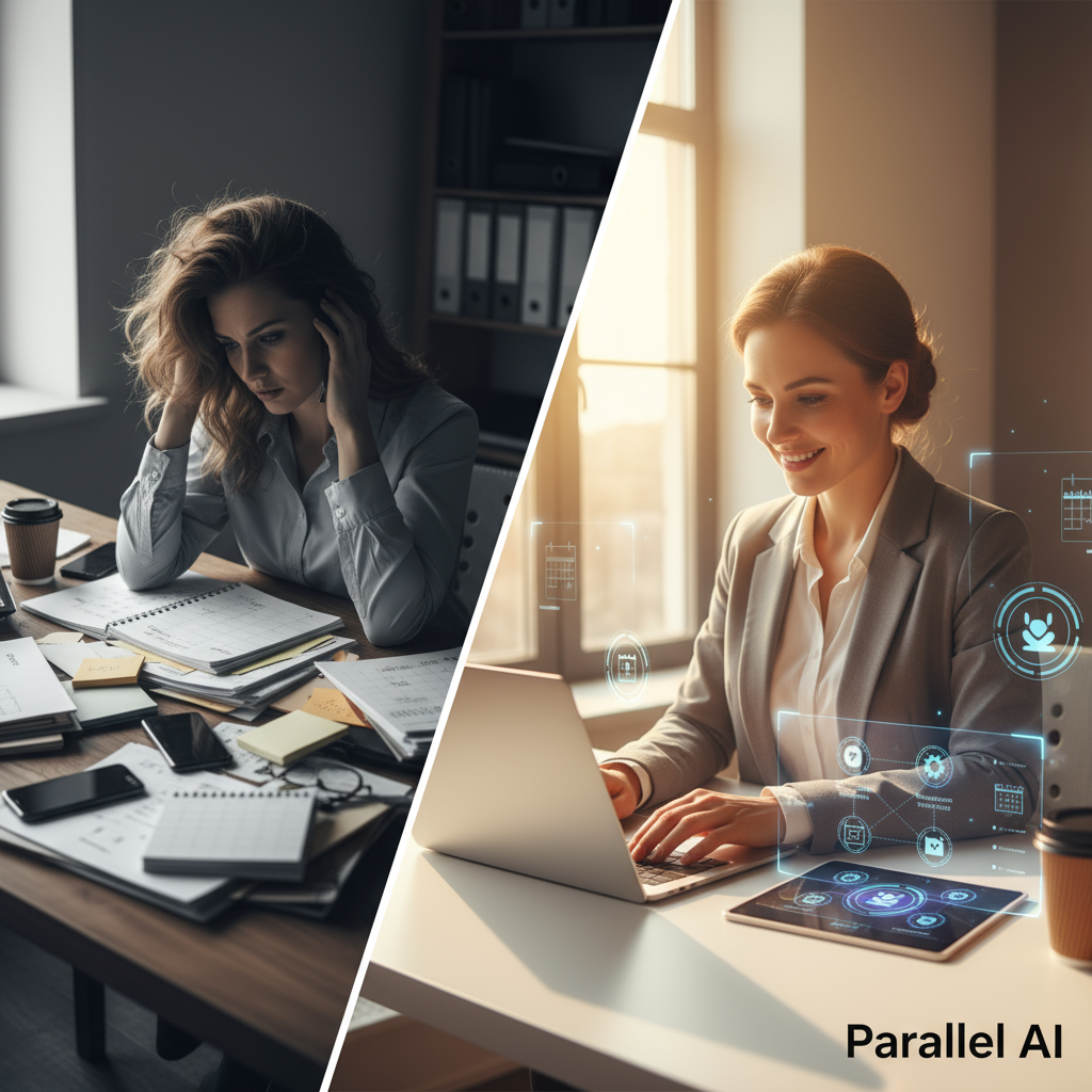 A modern, professional split-screen composition showing transformation in event planning workflow. Left side: A stressed event planner at a cluttered desk surrounded by physical calendars, sticky notes, and multiple phones, depicted in muted, desaturated tones with harsh overhead lighting creating shadows. Right side: The same planner confidently working on a sleek laptop in a bright, minimalist office space with natural window lighting, a clean organized desk with a single elegant tablet showing AI interface elements, warm golden hour lighting creating an optimistic atmosphere. The transition between sides should be subtle and elegant, with the right side featuring subtle tech elements like floating holographic calendar events and vendor coordination icons. Photorealistic style with professional color grading, depth of field focusing on the planner, 4K quality. Include the Parallel AI logo in the bottom right corner maintaining brand recognition - use the dark mode logo placement against the lighter, optimistic right side of the image.