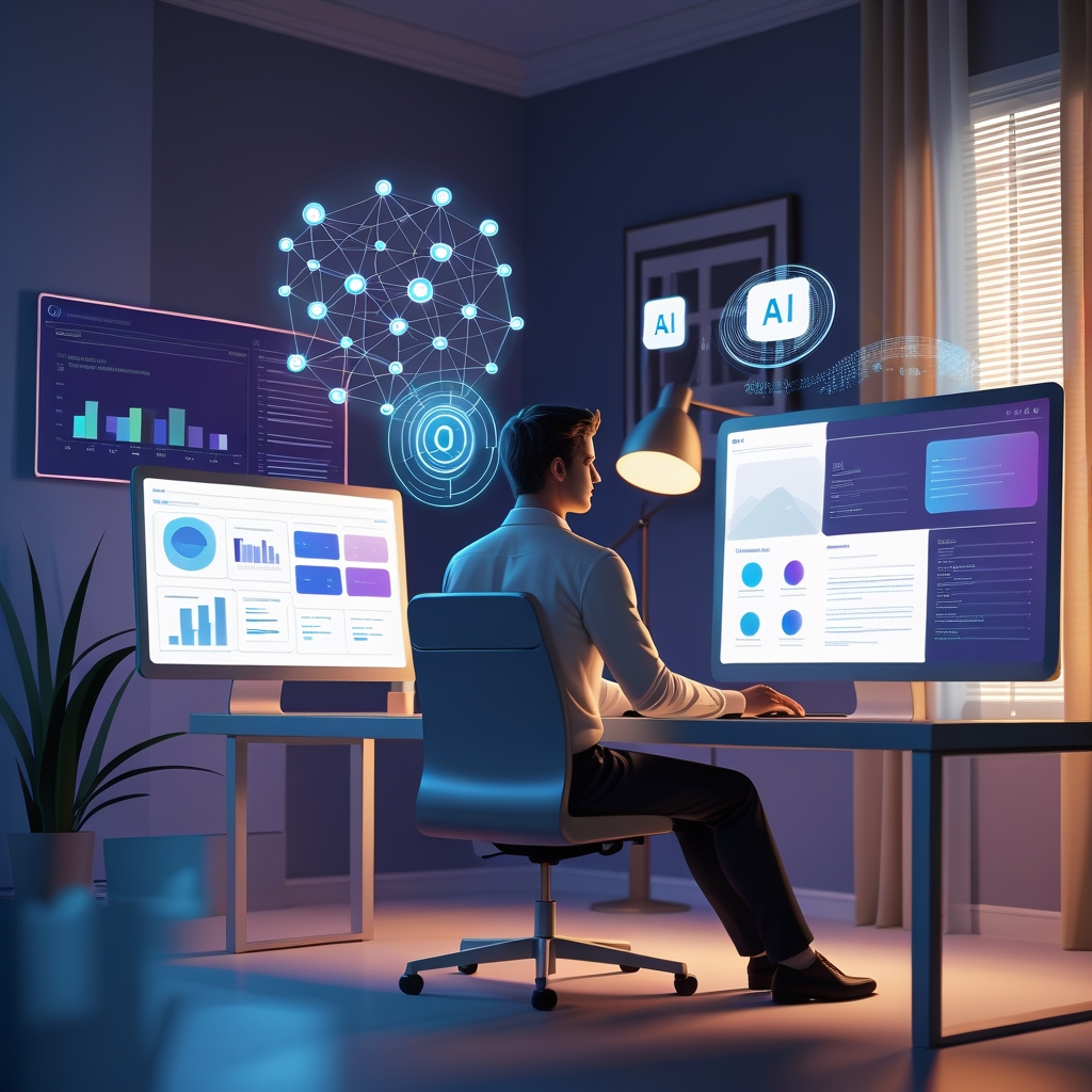 A sophisticated, modern illustration showing a solo legal consultant working confidently at a sleek minimalist desk with dual monitors displaying AI-powered legal software interfaces. The scene is set in a contemporary home office with warm, professional lighting from a floor lamp and natural window light. On one screen, visualize abstract data visualization and contract analysis dashboards with clean, geometric UI elements. On the other, show a video conference with corporate clients. Include subtle floating holographic AI elements around the consultant - glowing neural network patterns, automated document icons, and data streams in soft blue and purple hues. The consultant appears focused but relaxed, symbolizing the balance AI brings. Use a clean, professional color palette with navy blues, soft grays, and warm accent lighting. Photorealistic style with slight artistic enhancement, shallow depth of field focusing on the consultant, modern tech aesthetic, cinematic composition from a slightly elevated angle showing both the workspace and the AI technology integration.
