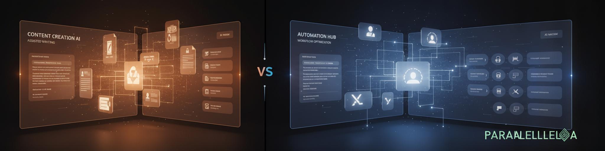 A split-screen comparison visualization showing two distinct AI platforms in a modern, professional style. Left side: A content-focused interface with glowing text documents, article snippets, and writing tools floating in a warm amber and orange gradient space. Right side: A comprehensive automation dashboard with interconnected nodes, workflow diagrams, and multiple AI agents represented as subtle geometric shapes in a cool blue and purple gradient space. The center divider features a subtle 'VS' element. Both sides should have clean, minimal UI elements with soft shadows and depth. The overall composition should feel balanced and professional, with a dark background that makes both platforms' features stand out. Include the Parallel AI logo in the bottom right corner using the dark mode variant, maintaining brand presence without overwhelming the comparison. Modern, tech-forward aesthetic with smooth gradients, subtle particle effects suggesting AI processing, and clean typography. Cinematic lighting with rim lights on key elements. 3D rendered style with photorealistic materials and depth of field.