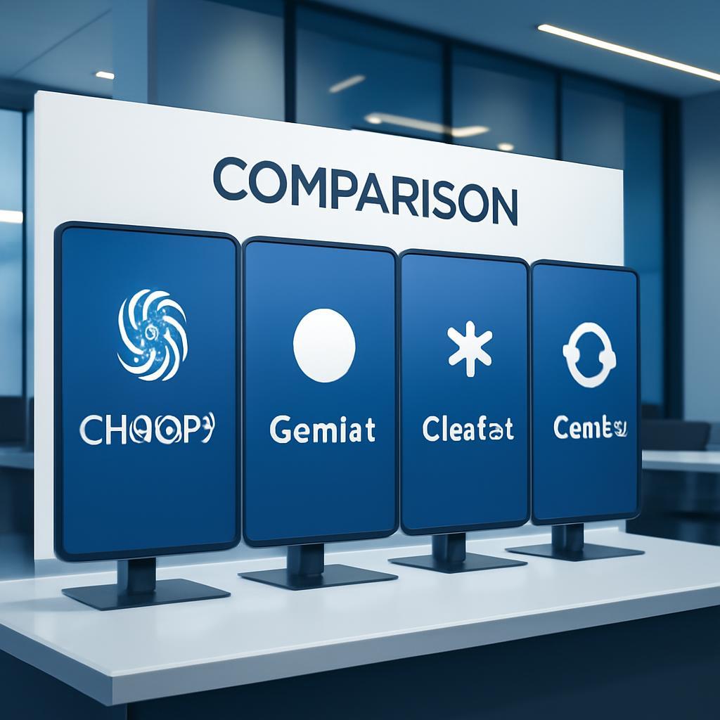 Modern professional comparison chart showing multiple AI platform logos side by side on sleek digital displays, clean minimalist design with blue and white color scheme, technology-focused business setting, professional lighting, photorealistic style, high-end corporate aesthetic