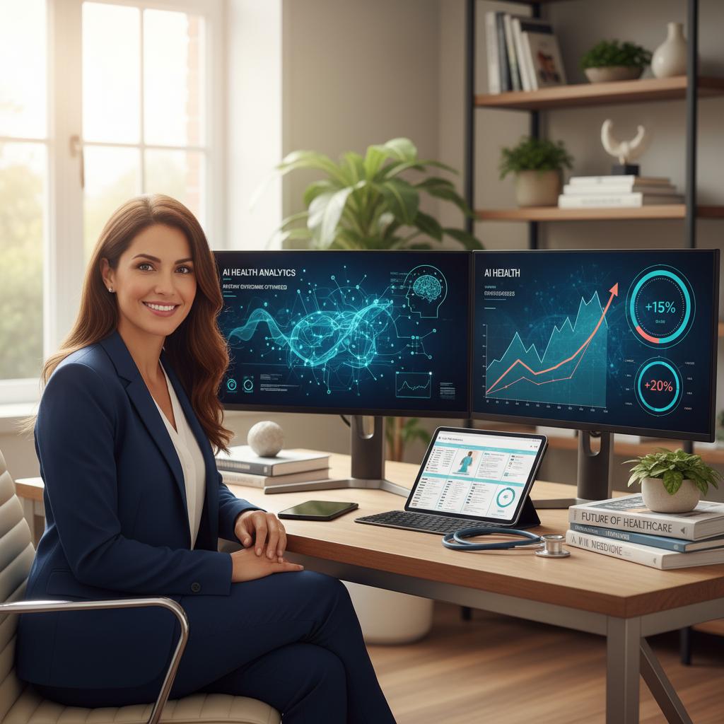 A modern, professional healthcare consultant working at a sleek desk with dual monitors displaying AI-powered analytics dashboards and patient care data visualizations. The scene shows a confident professional woman (inspired by Sarah Martinez) in a contemporary home office with warm, natural lighting from a large window. On the screens, show abstract representations of medical data patterns, graphs trending upward, and AI interface elements with clean, minimalist design. The color palette should feature professional blues and teals with accents of energizing orange or coral. Include subtle healthcare imagery like a stethoscope on the desk, medical journals, and a tablet showing patient care metrics. The composition should convey success, technology integration, and the balance between human expertise and AI tools. Photography style: crisp, bright, aspirational business photography with shallow depth of field focusing on the consultant and screens. Lighting: soft natural light from the side creating a warm, inviting atmosphere. The overall mood should be empowering and forward-thinking, showing the transformation of healthcare consulting through AI.