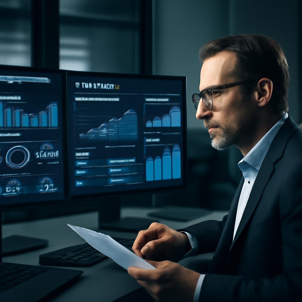 Professional automotive consultant reviewing advanced AI analytics dashboard showing dealership performance metrics, inventory optimization data, and sales trends on multiple screens in modern office setting, cinematic lighting, photorealistic, business photography style, sharp focus, depth of field