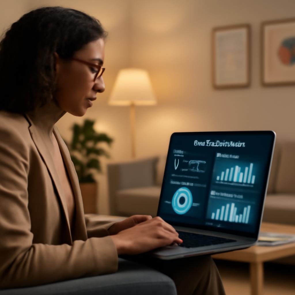 Professional behavioral health consultant working with AI dashboard on laptop, modern therapy office environment with soft lighting, mental health practice charts and graphs on screen, warm and welcoming atmosphere, photorealistic style