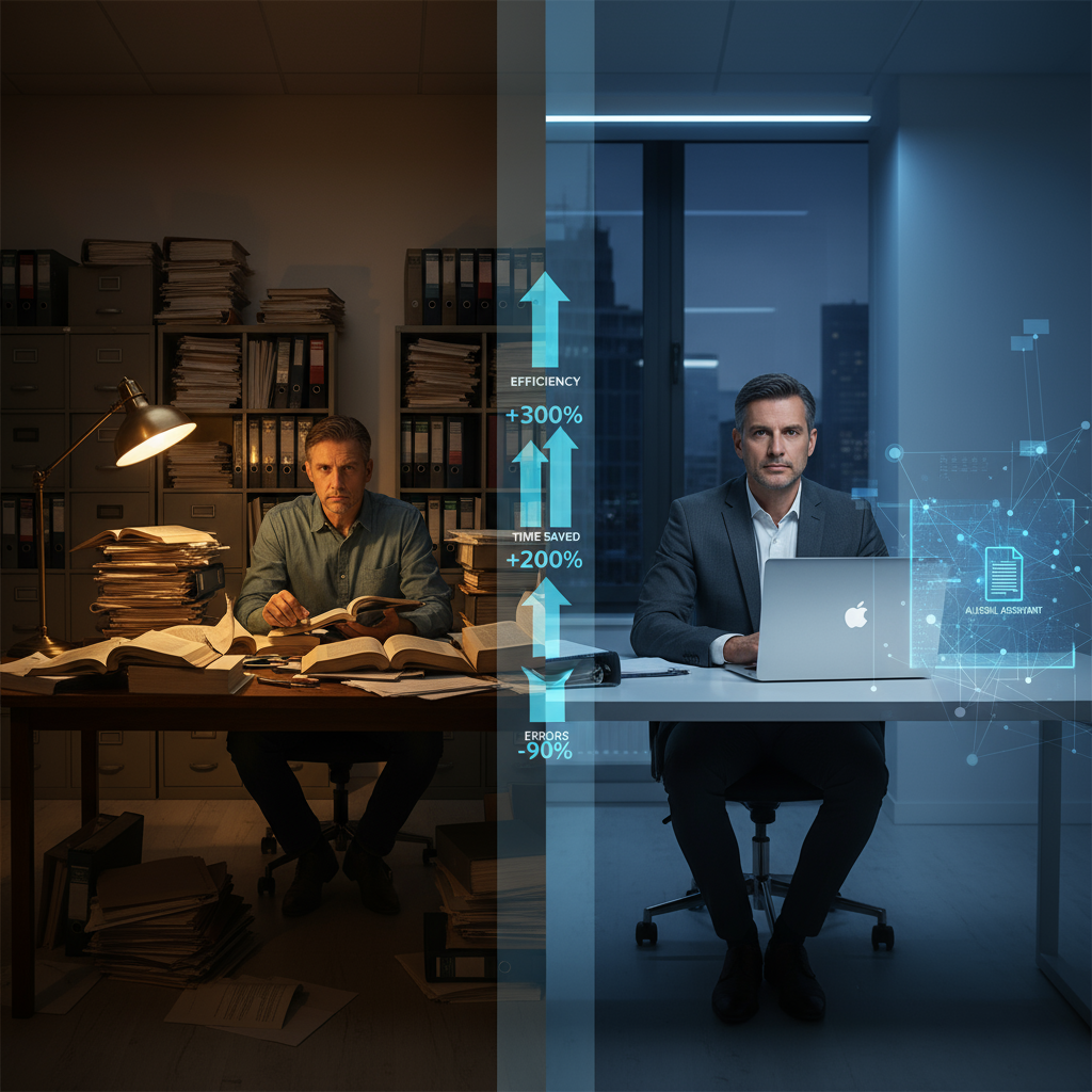 A sophisticated, modern split-screen composition showing the transformation of a legal practice. Left side: A stressed solo legal consultant surrounded by stacks of paper documents, filing cabinets, and a cluttered desk with warm, amber overhead lighting suggesting traditional, labor-intensive work. Right side: The same consultant working efficiently in a clean, minimalist workspace with a sleek laptop displaying AI interface elements, bathed in cool, professional blue-white lighting. The center of the image features a subtle vertical divider with growth metrics and upward trending graphs. The overall style should be professional with clean lines, a color palette incorporating deep blues and professional grays matching modern legal tech aesthetics. Photorealistic quality with slight editorial enhancement. Include subtle transparency effects showing AI neural network patterns overlaying the modern side. The composition should convey transformation, efficiency, and modernization.