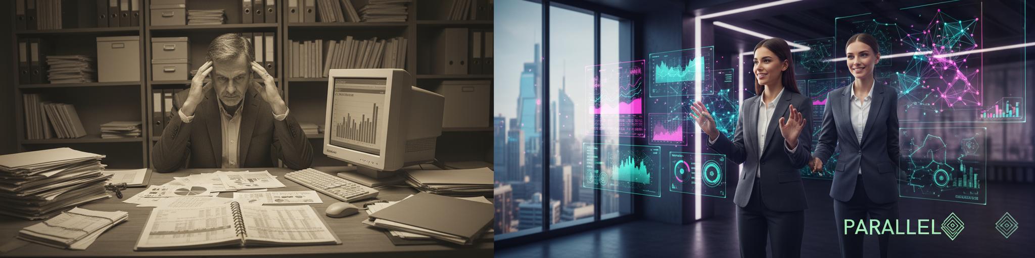 A sophisticated split-screen composition showing retail transformation through AI. Left side: traditional retail consultant with physical charts and spreadsheets in muted, desaturated colors suggesting the old way. Right side: modern independent consultant working with holographic AI-powered analytics dashboards, customer journey maps, and data visualizations floating in 3D space, rendered in vibrant colors with subtle purple and blue accent tones that echo modern tech aesthetics. The consultant on the right appears empowered and confident, surrounded by flowing data streams and AI neural network patterns. Cinematic lighting with the right side dramatically brighter, symbolizing enlightenment and progress. Professional business photography style with depth of field, high-end corporate aesthetic. Include the Parallel AI logo (dark mode version) subtly placed in the bottom right corner to maintain brand presence without overwhelming the conceptual imagery. 8k resolution, photorealistic rendering with slight futuristic enhancement.