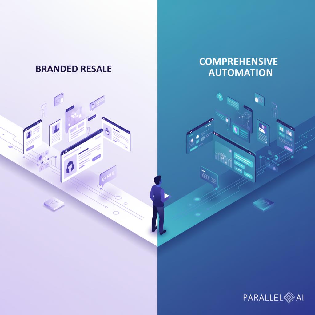 A split-screen comparison visualization showing two distinct paths diverging from a central point. On the left side, a sleek, minimalist path representing 'Branded Resale' with clean white and purple gradients, featuring elegant UI mockups and dashboard elements floating in space. On the right side, a more complex, interconnected path representing 'Comprehensive Automation' with intricate workflow diagrams, connected nodes, and data streams in deep blues and teals. The center where paths meet shows a silhouette of a professional solopreneur at a crossroads, looking up at both options. The composition uses dramatic lighting with soft shadows, modern 3D elements, and a clean white-to-gradient background. Style: modern tech illustration with depth, professional SaaS aesthetic, subtle geometric patterns, isometric perspective elements. The overall mood should convey strategic decision-making and technological sophistication. Lighting: soft directional light from top-left, creating gentle shadows and depth. Include the Parallel AI logo placement in bottom right corner using brand colors that complement but don't overpower the main visual.