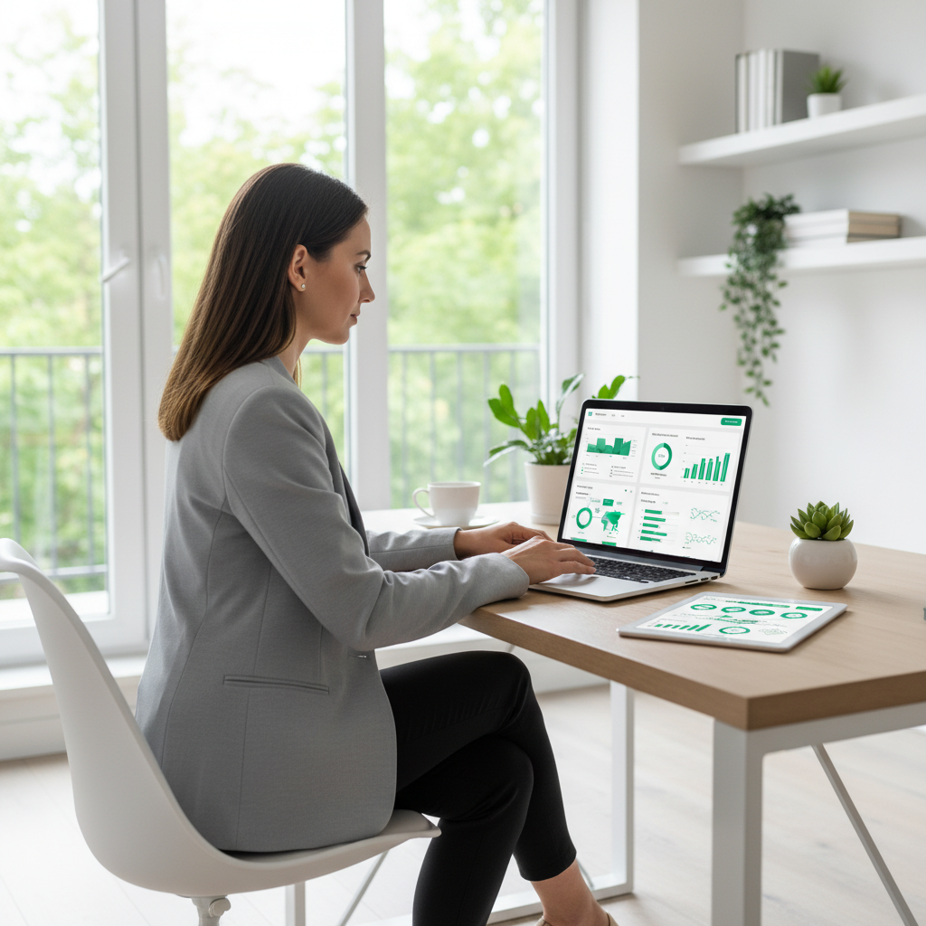 A modern, professional hero image showing a sustainability consultant working efficiently in a bright, contemporary home office. The scene features a woman in business casual attire sitting at a sleek desk with a laptop displaying ESG dashboards and AI-powered analytics tools. Through large windows behind her, natural light floods in, illuminating lush greenery visible outside. On her screen, visible elements include carbon footprint graphs, sustainability metrics, and automated reporting interfaces. The desk is organized but not cluttered, with a small plant, a coffee cup, and a tablet showing data visualizations. The color palette emphasizes clean whites, soft grays, and touches of vibrant green (#00D4AA) to represent growth and sustainability. The lighting is bright and optimistic, suggesting clarity and efficiency. The overall mood conveys professional success, work-life balance, and technological empowerment. Style: Contemporary corporate photography with crisp focus, natural lighting, and a shallow depth of field that keeps the consultant sharp while softly blurring the background. The composition should feel aspirational yet authentic. Incorporate the modern, tech-forward aesthetic shown in brand references, with clean lines and a professional atmosphere.