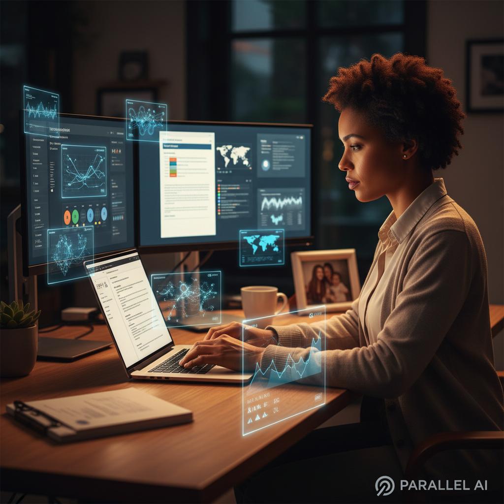 A modern, inspiring photograph of a nonprofit consultant working late at night, bathed in warm laptop glow against a dark background. The scene shows a diverse professional woman at a desk with multiple screens displaying grant proposals, data visualizations, and nonprofit impact metrics. In the foreground, subtle holographic AI interface elements float above the desk, showing intelligent workflow automation and strategic insights. The composition balances the human element (determination, expertise, passion) with futuristic AI technology. Use a shallow depth of field with the consultant in sharp focus, while background elements (coffee cup, nonprofit reports, family photo) create depth. Lighting should be cinematic with the primary light source from the laptop creating a warm, hopeful glow, contrasted against cool blue AI interface elements. The color palette should emphasize warm amber and cool blue tones to represent the fusion of human expertise and AI capability. Style: photorealistic, editorial quality, inspirational, with a touch of technological optimism. Include the Parallel AI logo subtly in the bottom right corner, integrated naturally into the scene.