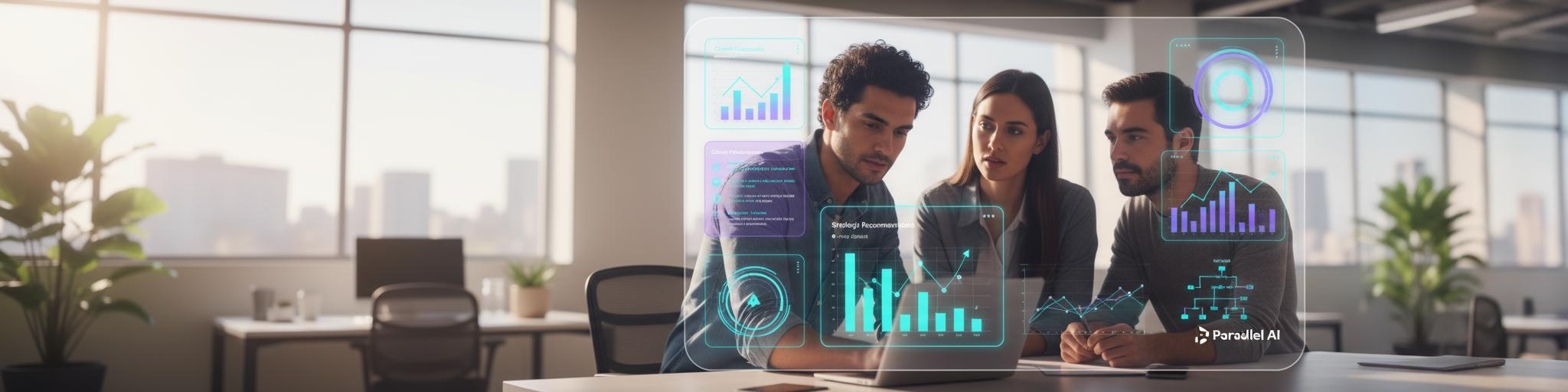 A modern, well-lit co-working space featuring a diverse team of three micro-agency professionals (20s-30s) analyzing a large transparent AI dashboard displaying predictive analytics. The interface shows dynamic 3D graphs with glowing teal (#2AD2C9) and amethyst (#7E57C2) data streams, client growth projections, and strategic recommendations. Soft natural lighting from floor-to-ceiling windows creates depth, with shallow depth of field highlighting the dashboard's clean geometric UI elements. Incorporate the Parallel AI brand's precise color gradients and minimalist aesthetic from reference image 8b140530, with the dark mode logo subtly placed in the bottom-right corner following brand guidelines. Professional commercial photography style, 85mm lens, f/1.8 aperture, vibrant yet sophisticated business atmosphere showing transformation from basic service to strategic partnership.