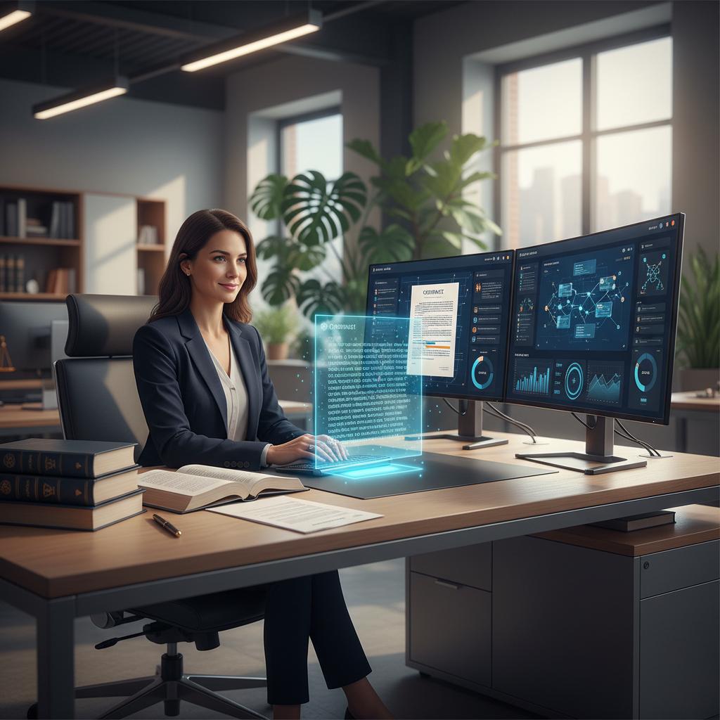 A professional female legal consultant working confidently at a modern desk with dual monitors displaying contract documents and AI-powered analytics dashboards. The scene is split compositionally - the left side shows traditional legal work (papers, law books) while the right side displays futuristic AI interfaces with glowing data visualizations and automation workflows. Warm, professional lighting creates a sophisticated atmosphere. The consultant appears focused but relaxed, symbolizing the balance between expertise and efficiency. Modern minimalist office with plants and natural light streaming through large windows. Include subtle tech elements like holographic contract clauses floating above the desk. Color palette: deep blues, professional grays, and warm amber accents. Cinematic depth of field with the consultant in sharp focus. Style: modern corporate photography meets subtle sci-fi elements, photorealistic, 4K quality. Reference the clean, professional aesthetic and color scheme from the Parallel AI brand identity - incorporate similar blues and professional tones in the UI elements and ambient lighting.