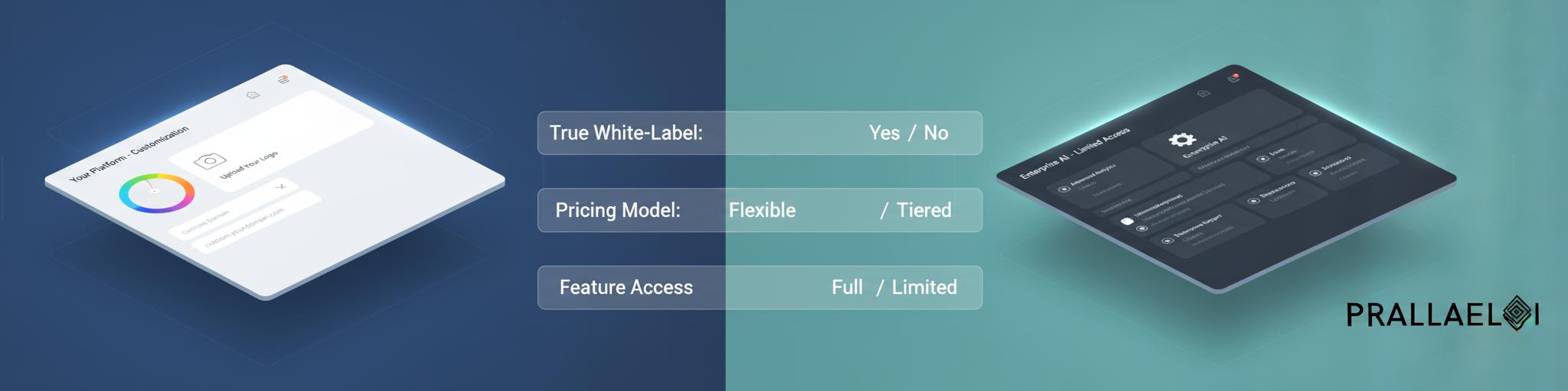 A sleek, modern split-screen comparison visualization showing two distinct AI platform dashboards side by side. Left side features a clean, minimalist interface with white-label customization options visible - brand color pickers, logo placement tools, and custom domain settings. Right side shows a more complex enterprise dashboard with locked features and limited branding options. The scene is rendered in a professional tech aesthetic with soft gradients transitioning from deep blues to warm teals, reminiscent of modern SaaS platforms. Floating UI elements and subtle glow effects create depth. In the foreground, semi-transparent overlays display key comparison metrics like 'True White-Label', 'Pricing Model', and 'Feature Access' with clean typography. The composition uses a slight isometric perspective to add dimension. Lighting is soft and even, creating a polished, professional appearance. Include subtle geometric patterns in the background that suggest AI and automation. Place the Parallel AI logo (dark version) in the bottom right corner against the lighter gradient area.