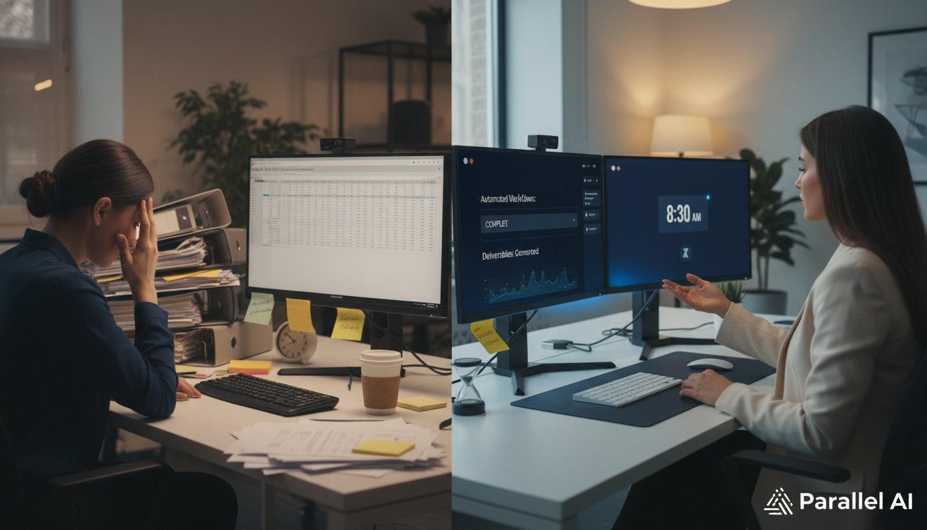 A professional HR consultant working at a modern desk with dual monitors, one screen showing complex compliance documents and manual spreadsheets, the other displaying a sleek AI interface with automated workflows and completed deliverables. Split composition showing 'before and after' - left side cluttered with papers, sticky notes, late-night coffee cup suggesting overwhelm; right side clean, organized, showing efficiency. Warm office lighting with a subtle glow from the AI interface screen. Professional photography style with shallow depth of field focusing on the consultant (shown from behind/side to maintain anonymity). Color palette of navy blues, whites, and subtle technology-inspired accents. Include subtle clock or time-saving visual metaphors. Modern, corporate but approachable aesthetic. Photorealistic rendering with attention to workspace details like keyboard, mouse, professional office environment. Incorporate the Parallel AI logo subtly in the bottom right corner using the dark mode logo, as the overall image uses light, professional tones.